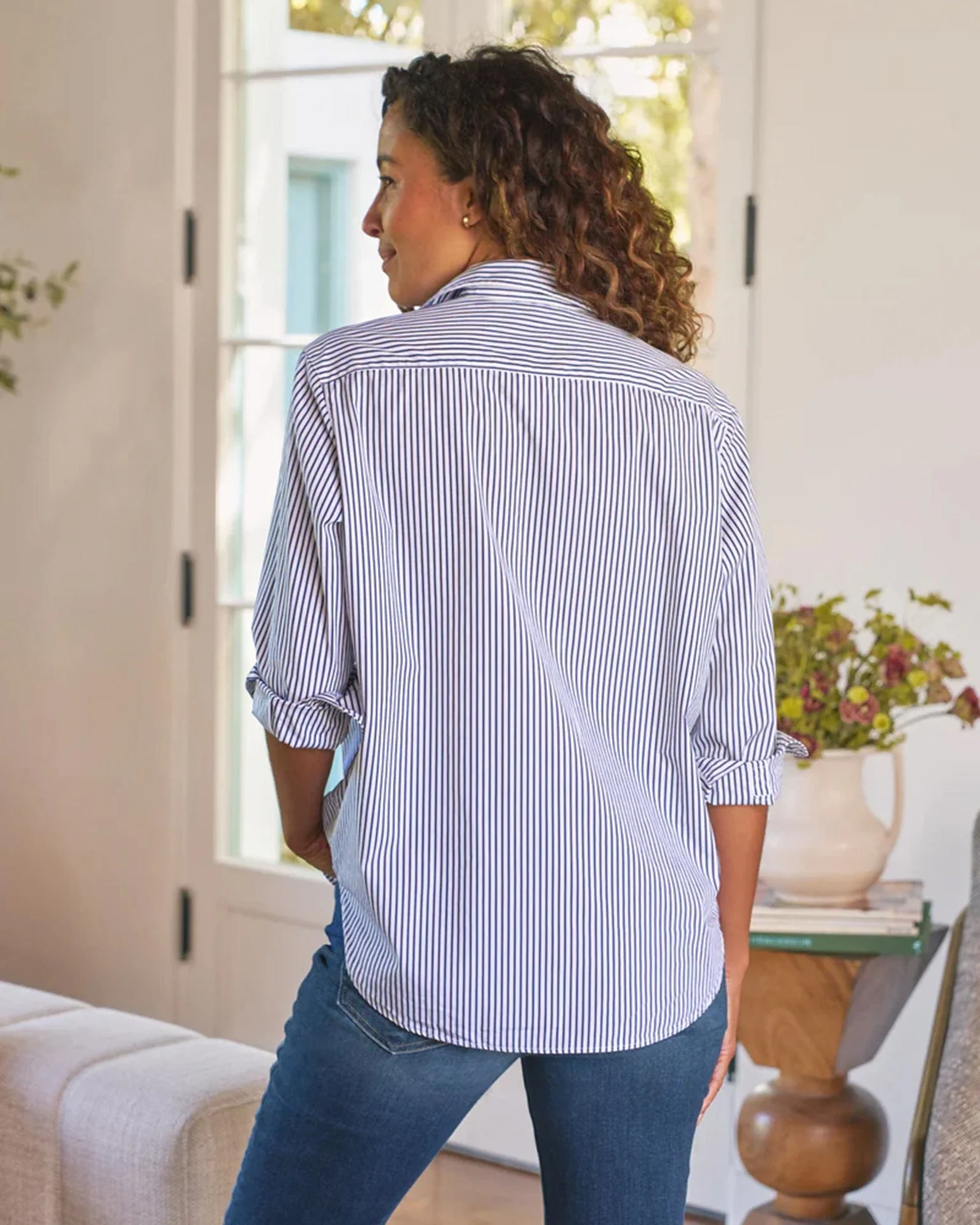 Eileen Relaxed Button Up Shirt in White & Navy Stripe - Image 3