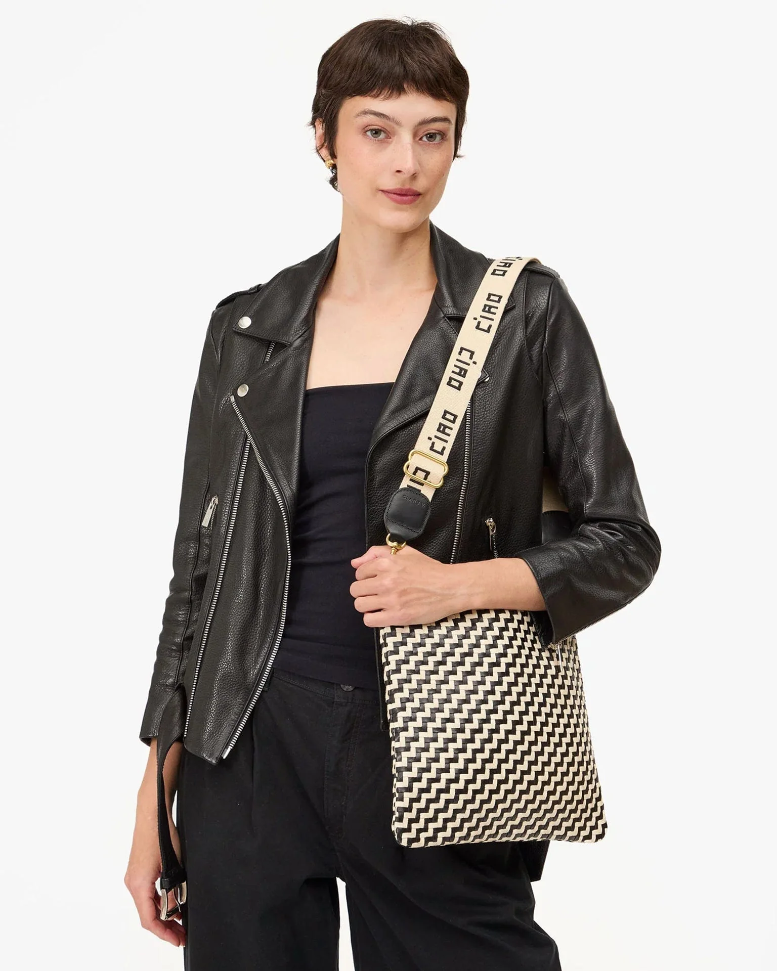 Emb Ciao Adj Crossbody Strap in Natural w/ Black - Image 2