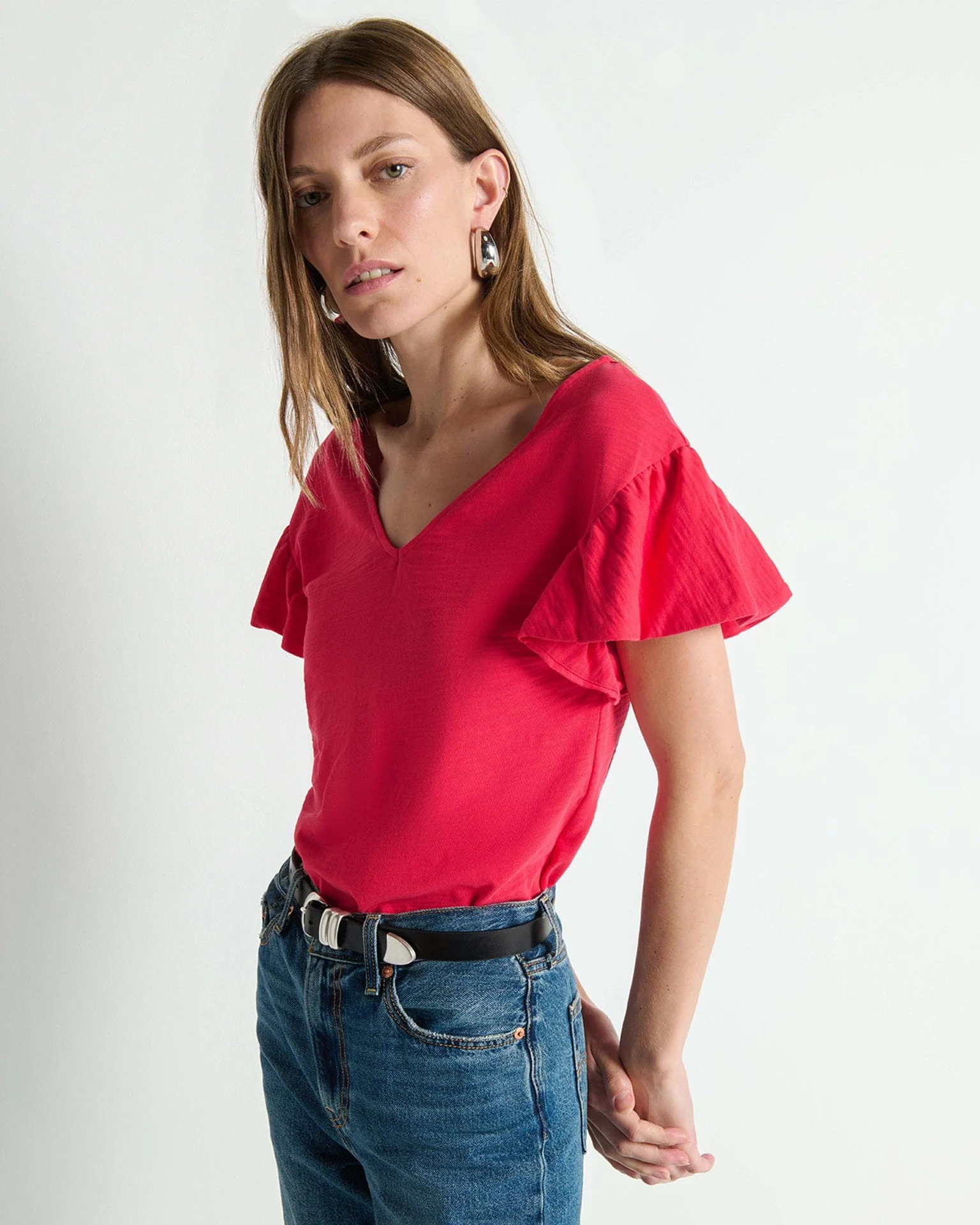 Emmy Flutter Sleeve Tee in Cherry Tarte - Image 2
