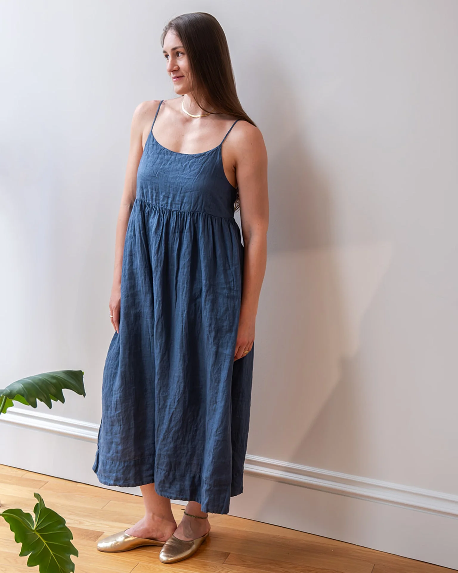 Eva Spaghetti Strap Dress in Moonlit Ocean Linen