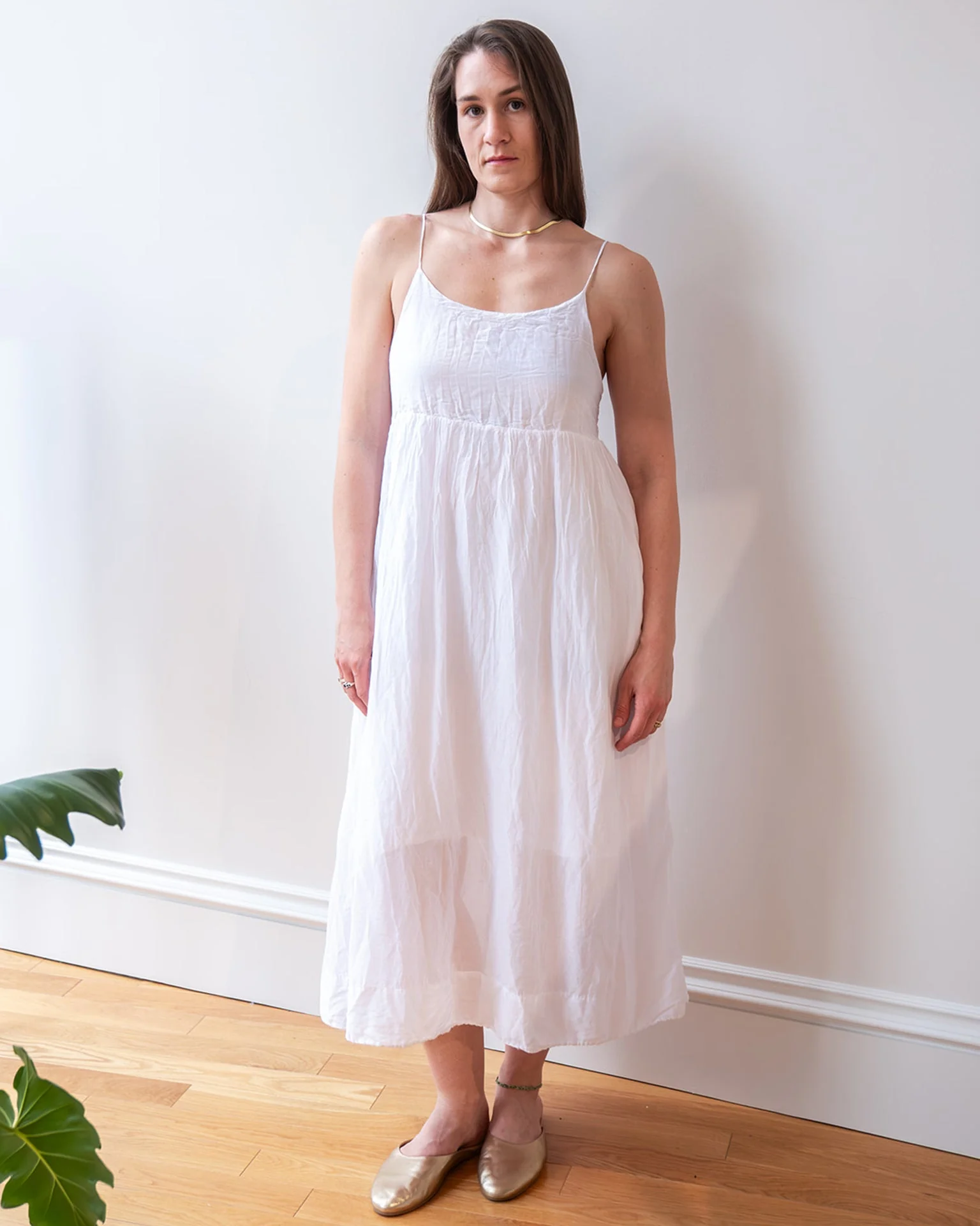 Eva Spaghetti Strap Dress in White Cotton Silk