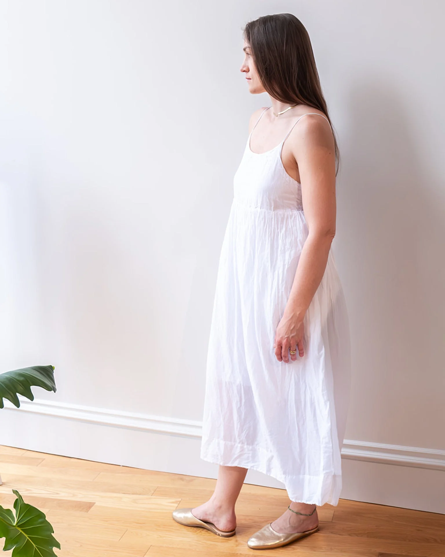 Eva Spaghetti Strap Dress in White Cotton Silk - Image 2