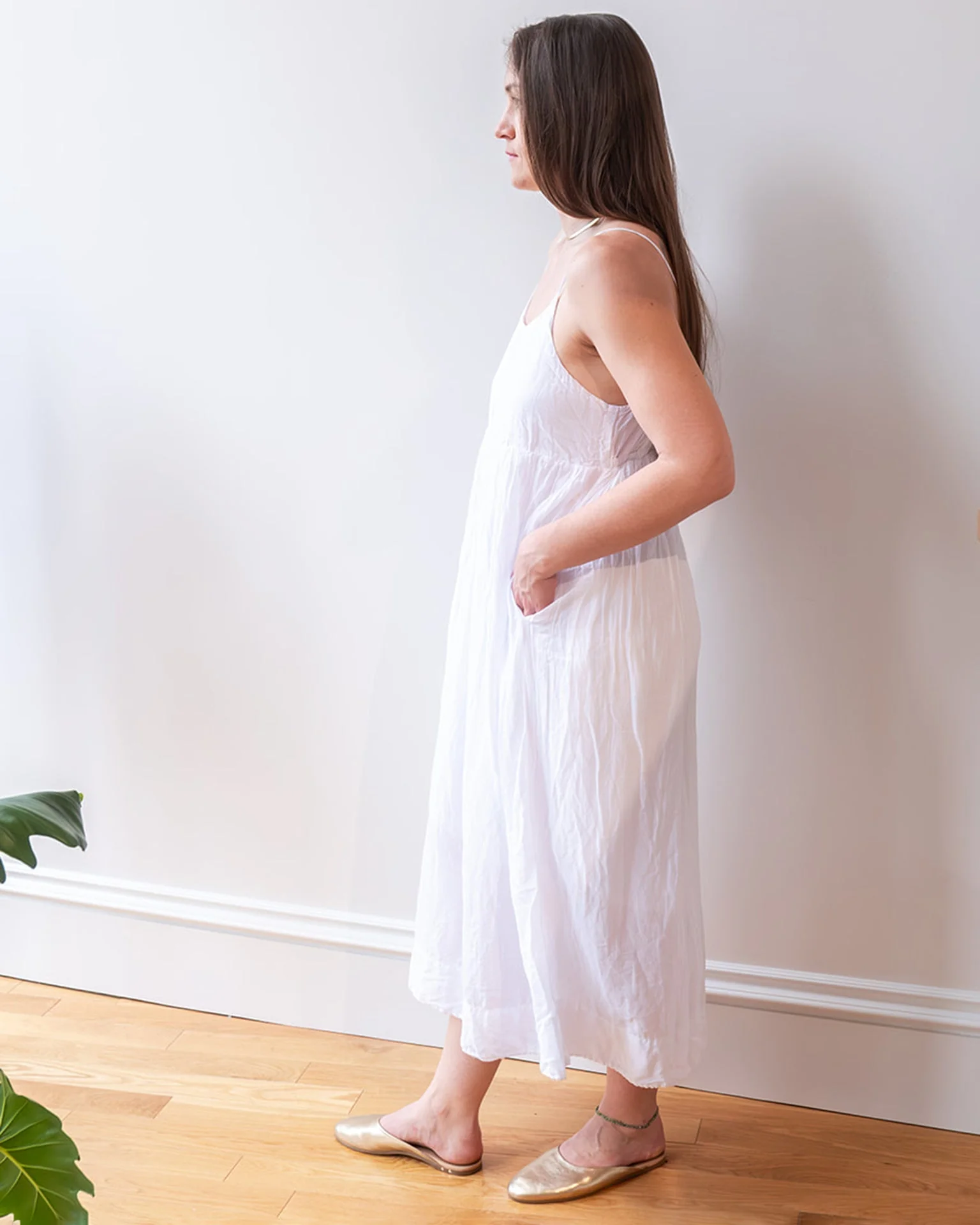 Eva Spaghetti Strap Dress in White Cotton Silk - Image 3
