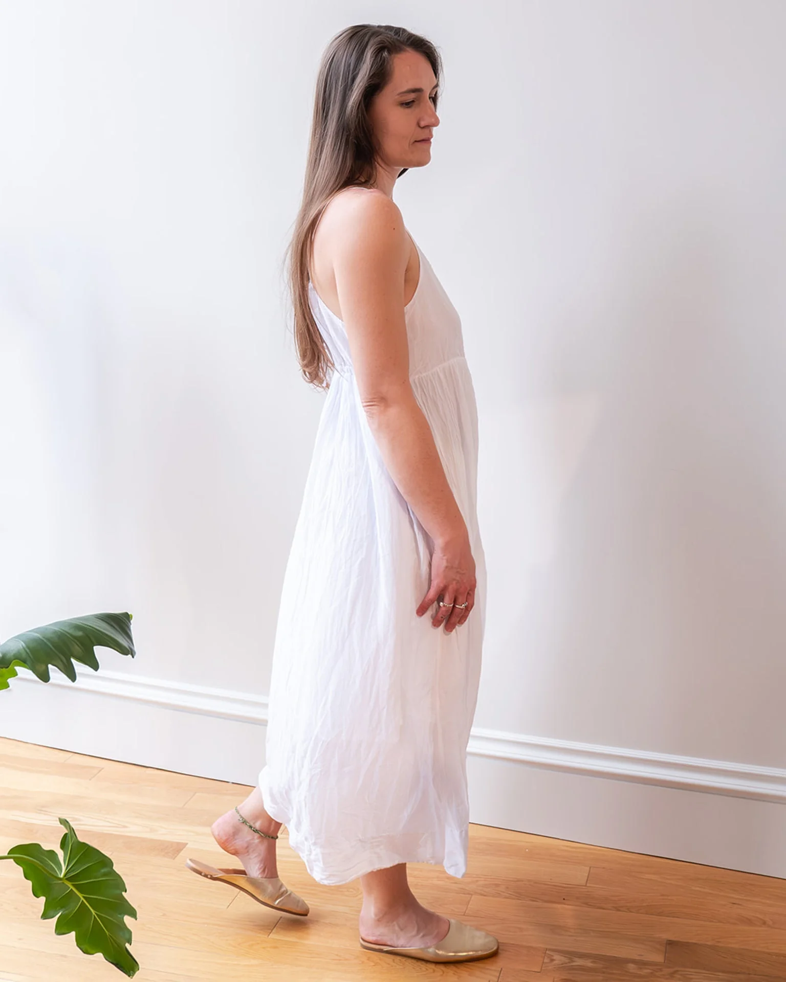 Eva Spaghetti Strap Dress in White Cotton Silk - Image 5