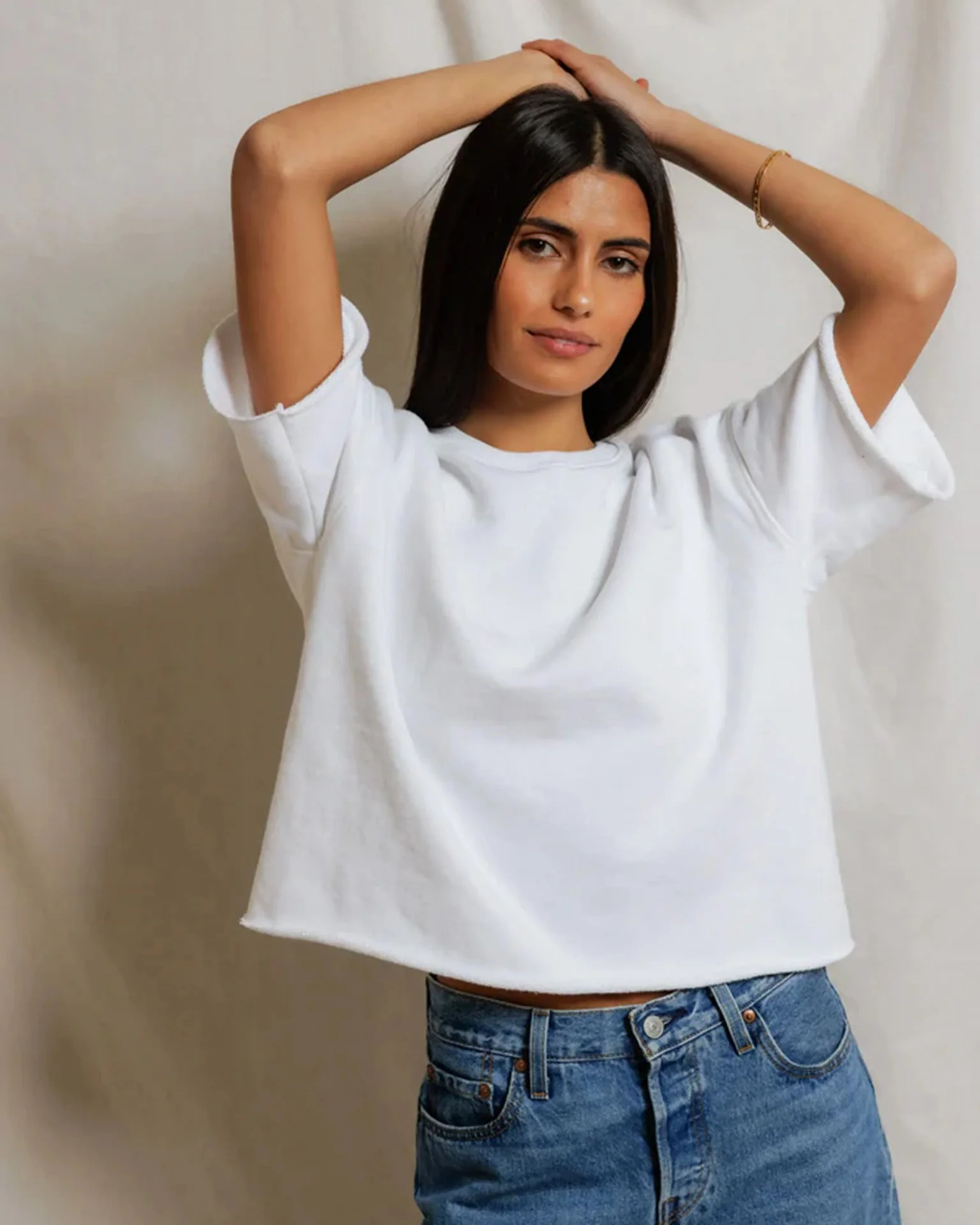 Ezra - Dry French Terry Short Sleeve Sweatshirt in White