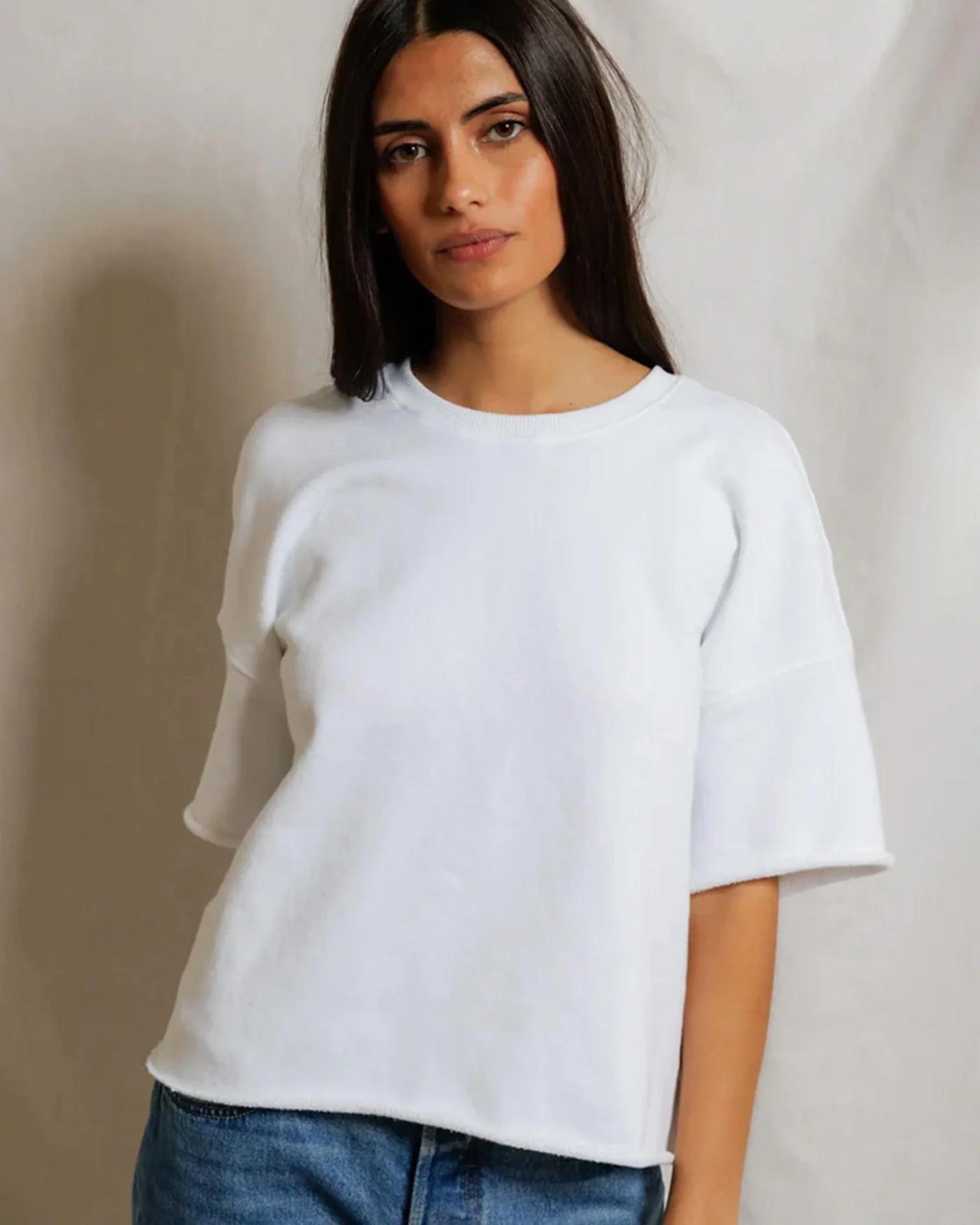 Ezra - Dry French Terry Short Sleeve Sweatshirt in White - Image 3