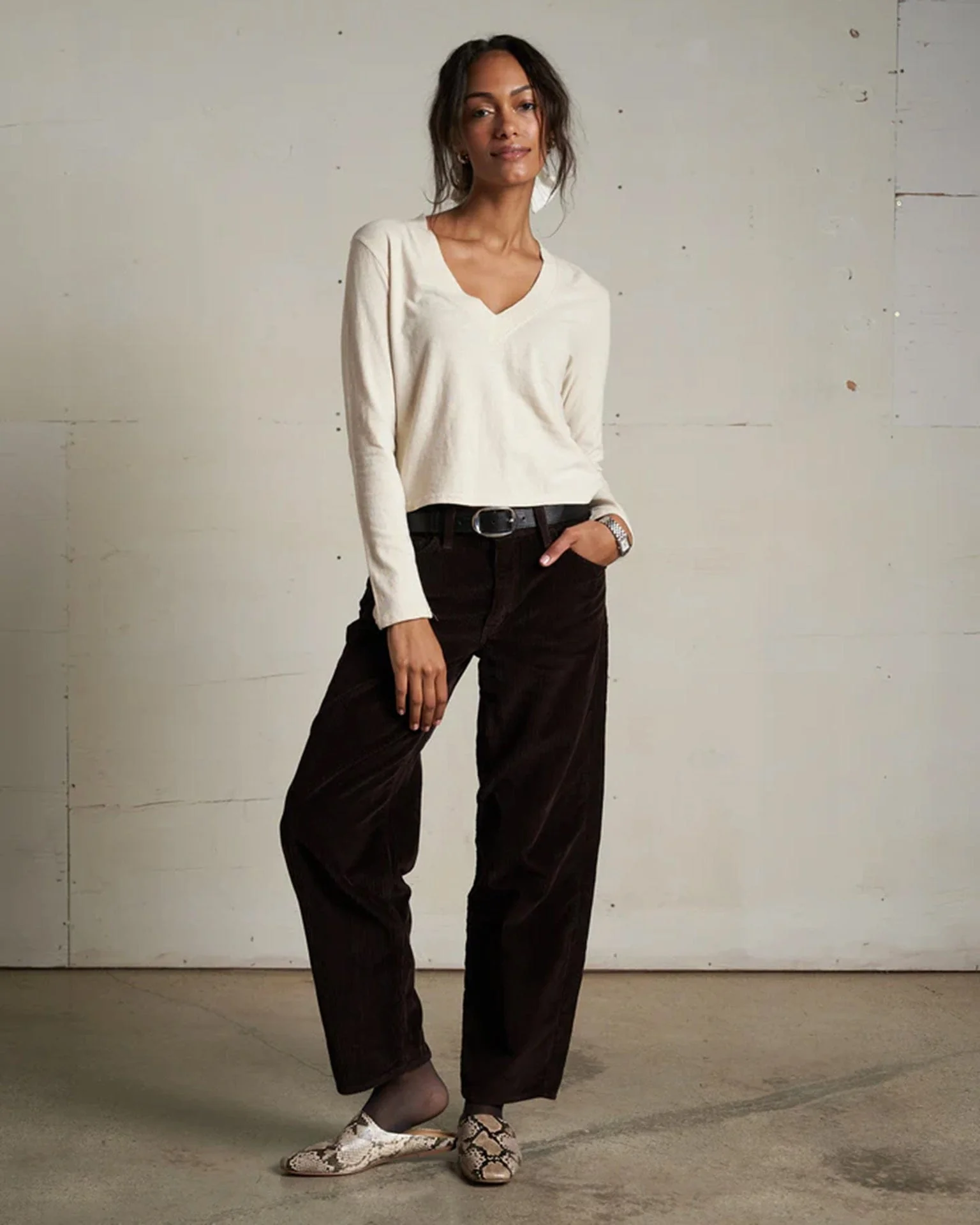 Fiona L/S Recycled V Neck in Sugar - Image 2