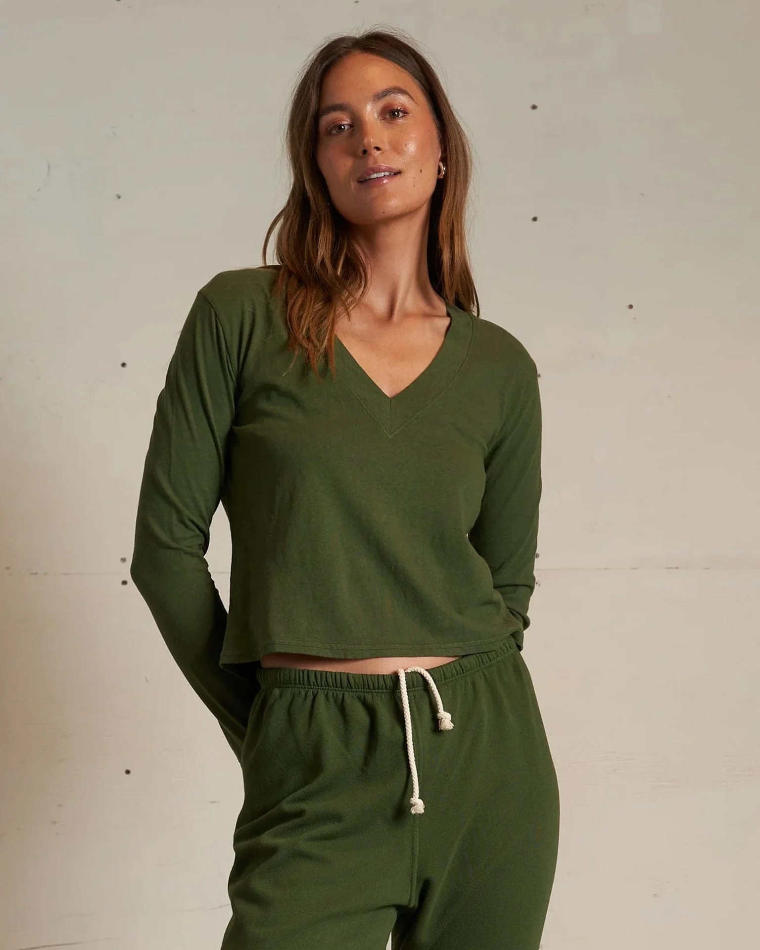 Fiona Long Sleeve Recycled V Neck in Fern Green
