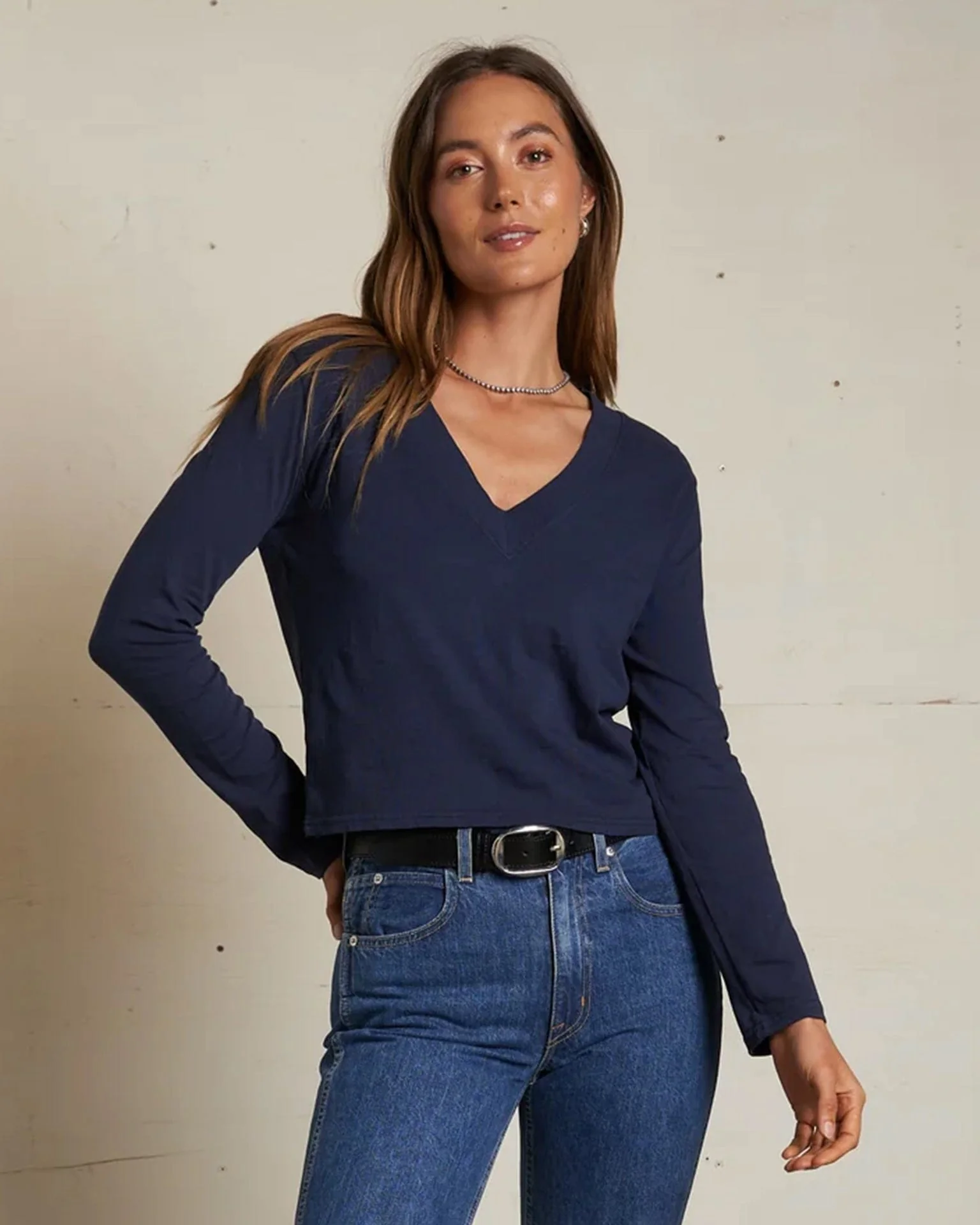 Fiona Long Sleeve Recycled V Neck in Navy