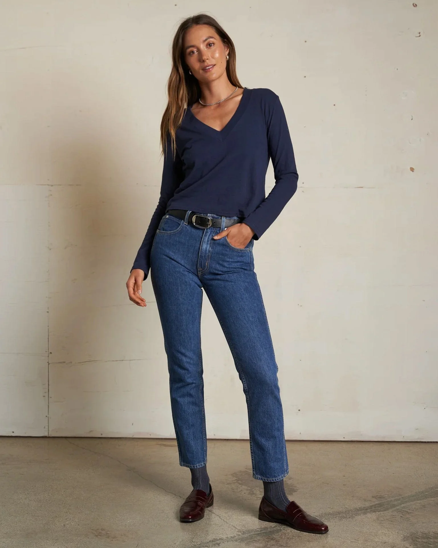 Fiona Long Sleeve Recycled V Neck in Navy - Image 2