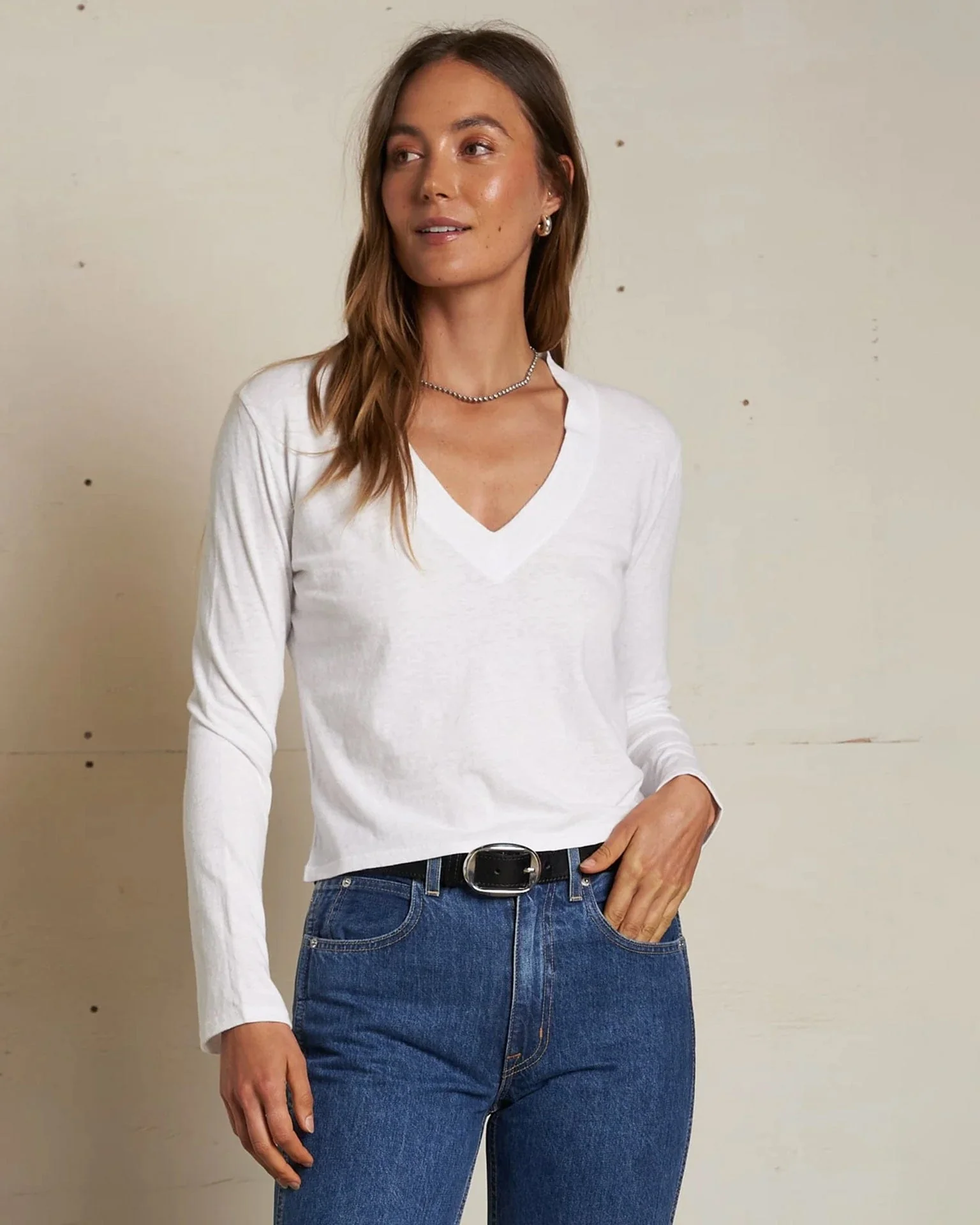 Fiona Long Sleeve Recycled V Neck in White