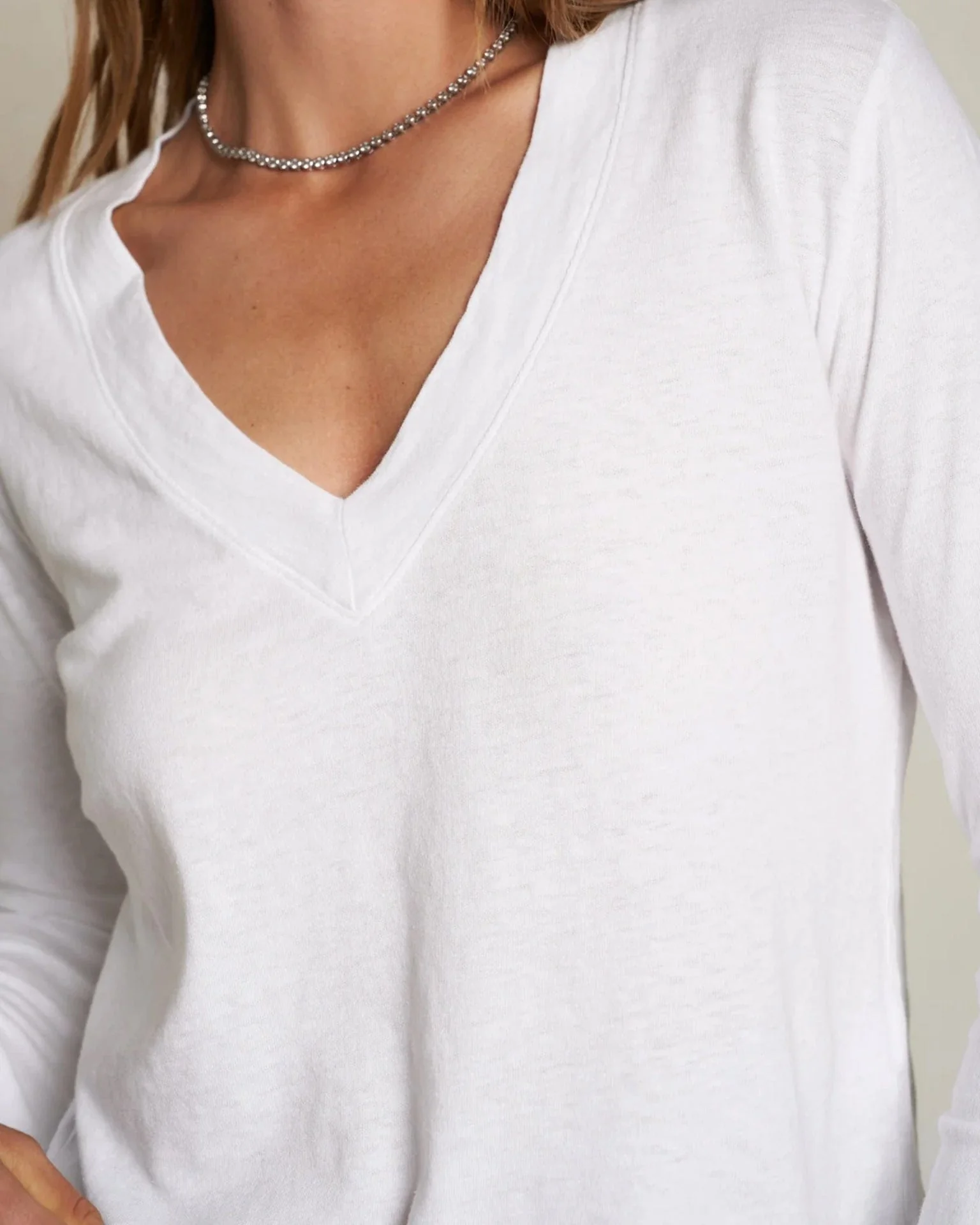 Fiona Long Sleeve Recycled V Neck in White - Image 2