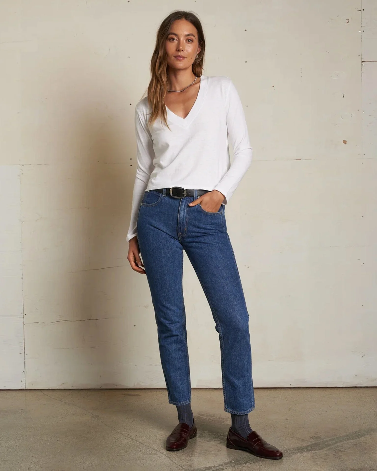 Fiona Long Sleeve Recycled V Neck in White - Image 3