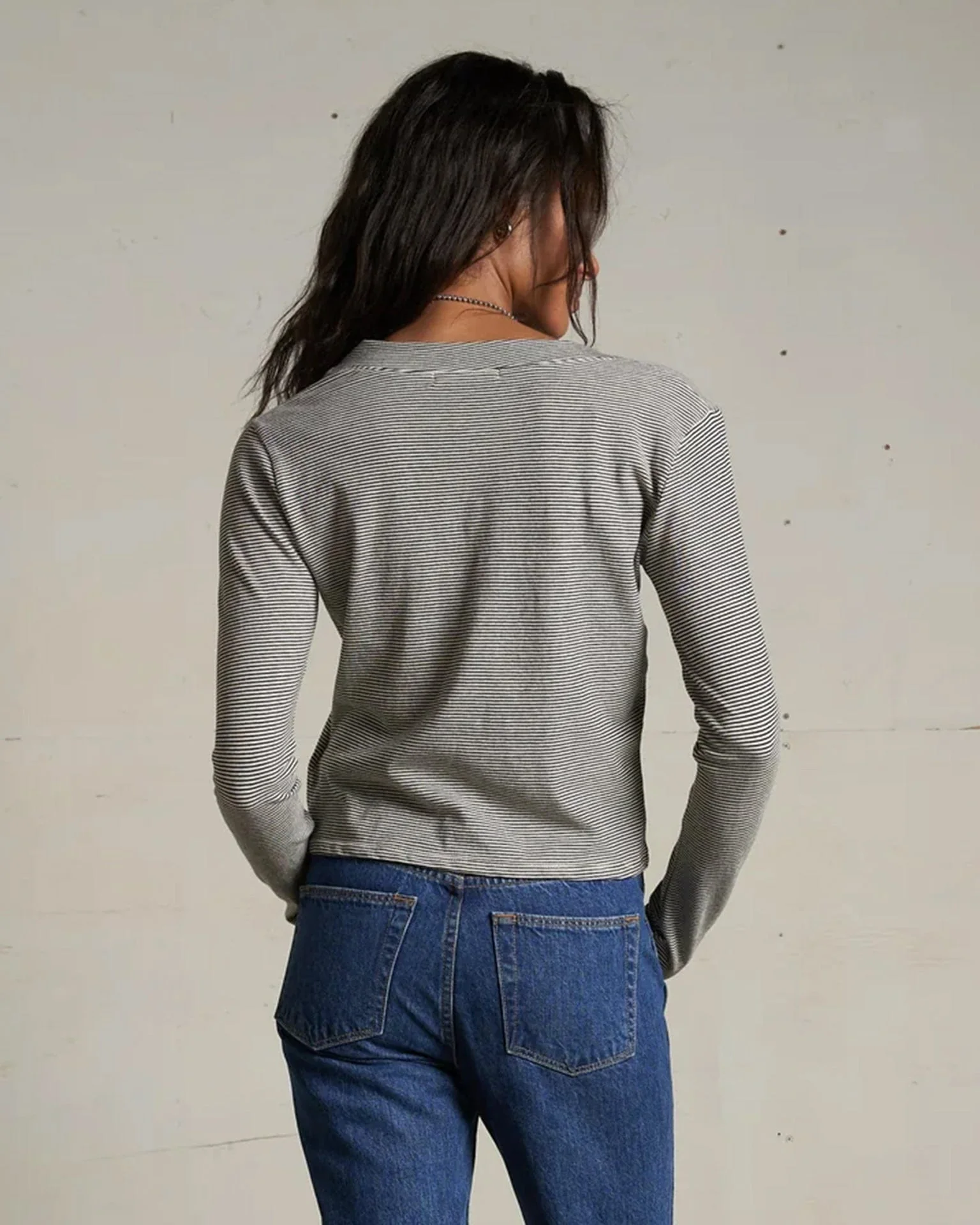 Fiona Stripe Jersey V Neck L/S in Ivory/Black - Image 3