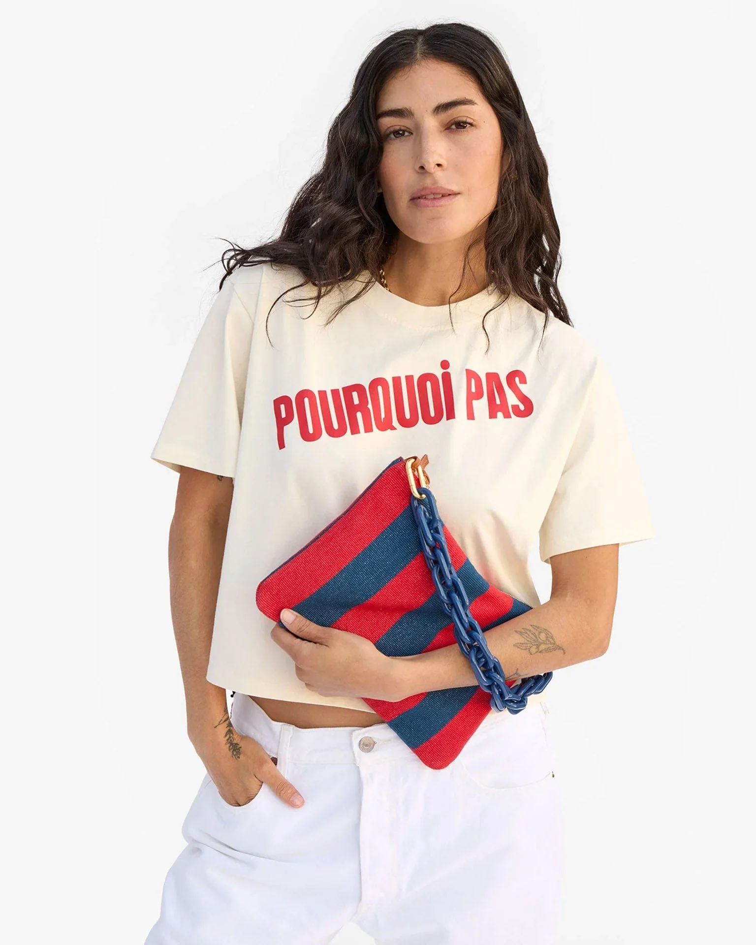 Flat Clutch w/ Tabs - Canvas Stripe in Poppy/French Blue - Image 2