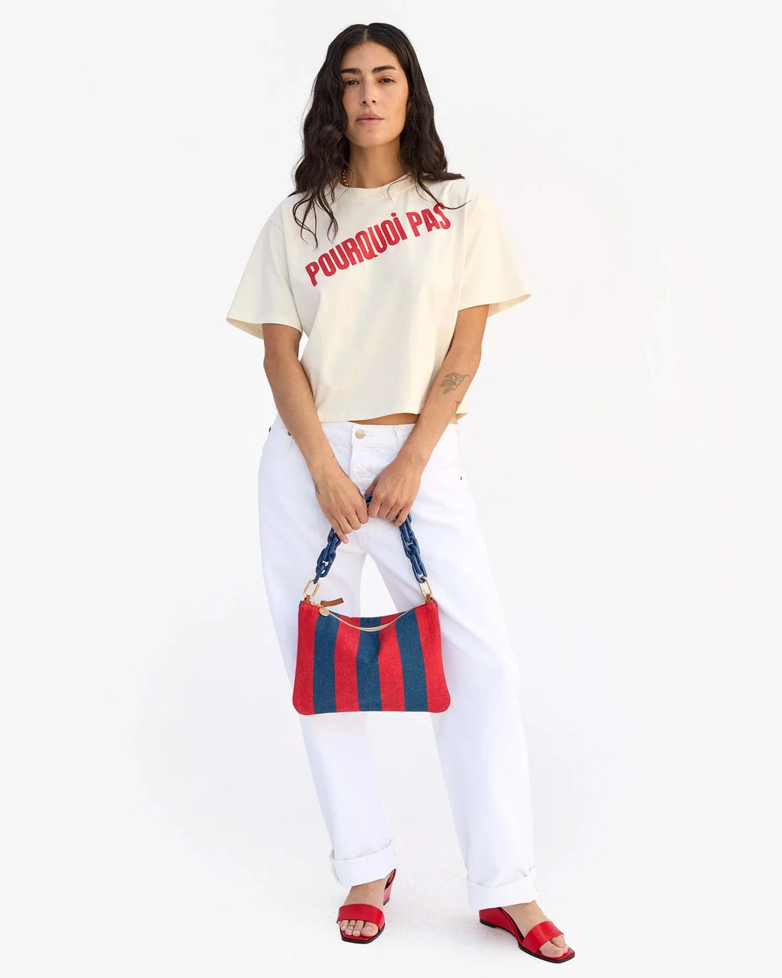 Flat Clutch w/ Tabs - Canvas Stripe in Poppy/French Blue - Image 3