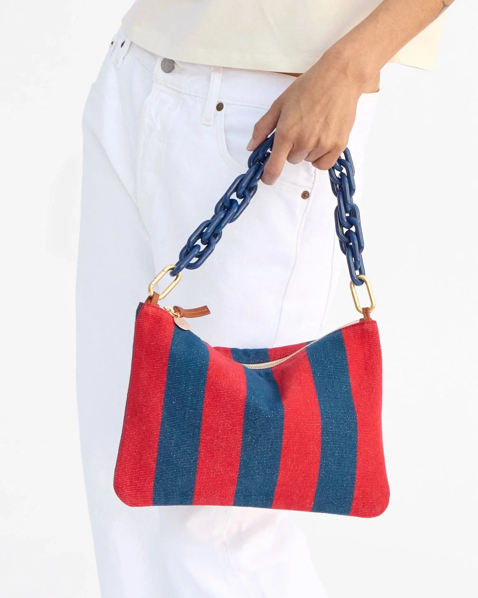 Flat Clutch w/ Tabs - Canvas Stripe in Poppy/French Blue - Image 4