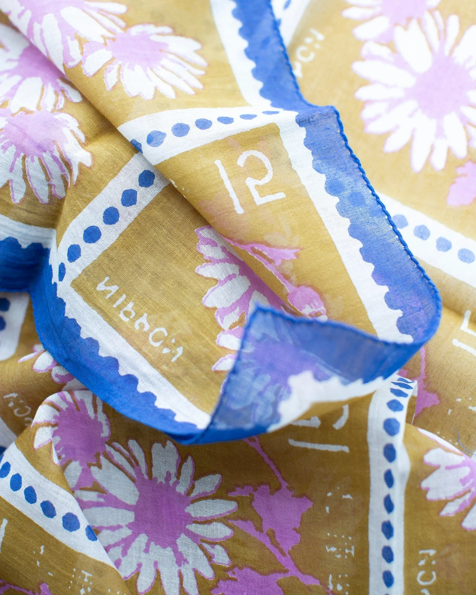 Flower Stamps 70x70 Bandana in Ochre - Image 2