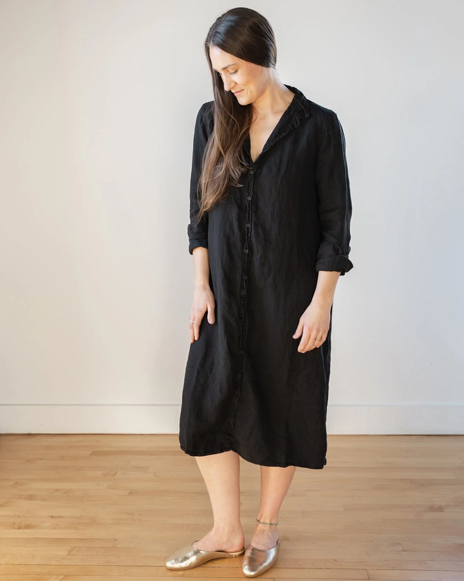 Frankie Long Shirtdress in Black Linen Twill
