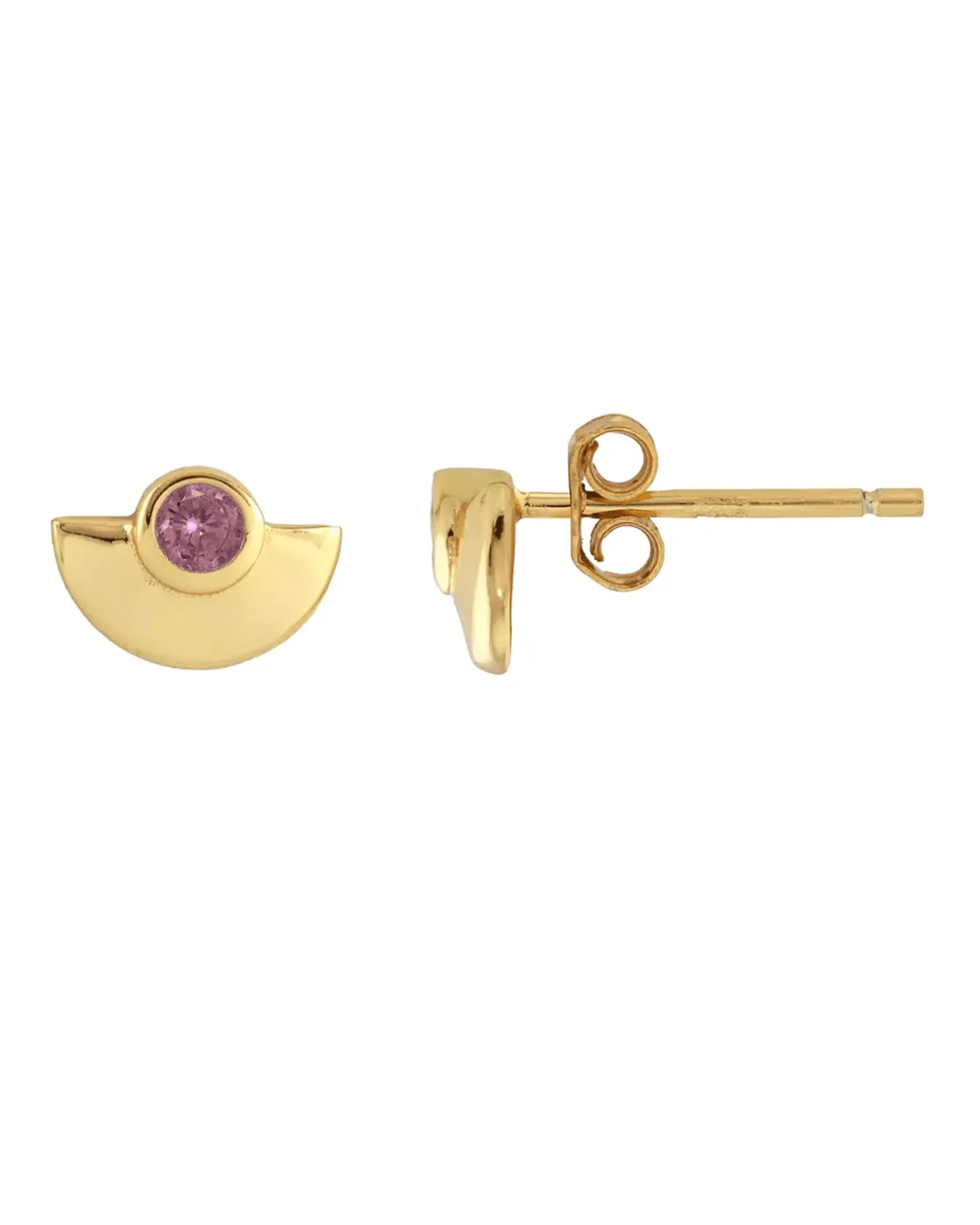 Half Moon Crystal 18K Gold Stud Earrings in Pink Rhodolite