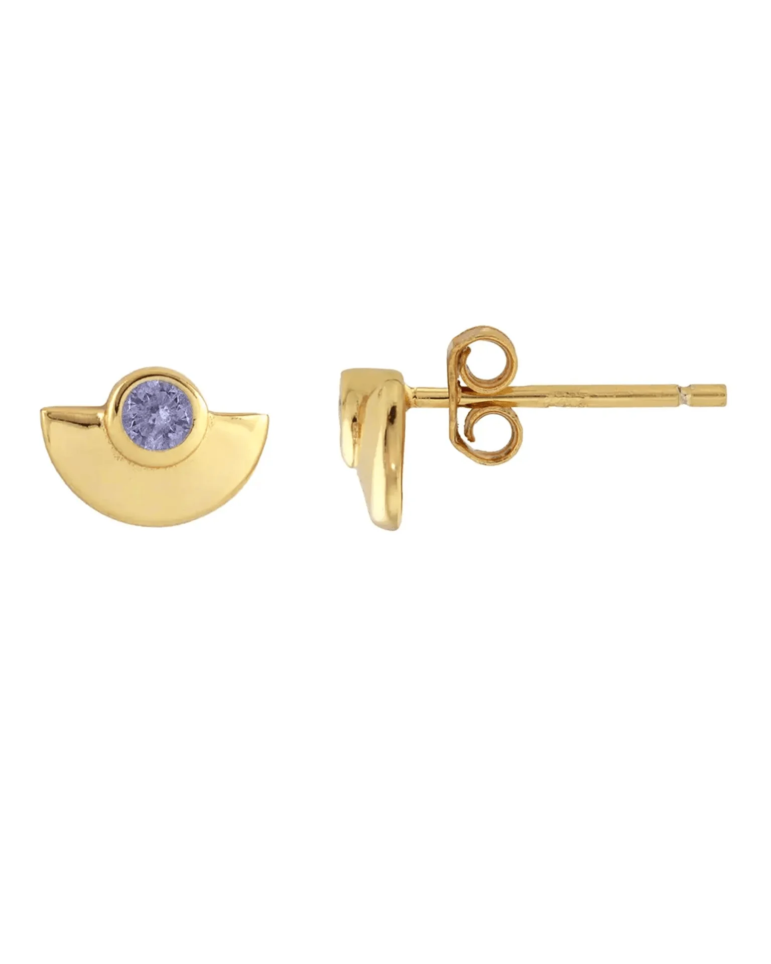 Half Moon Crystal 18K Gold Stud Earrings in Purple Amethyst