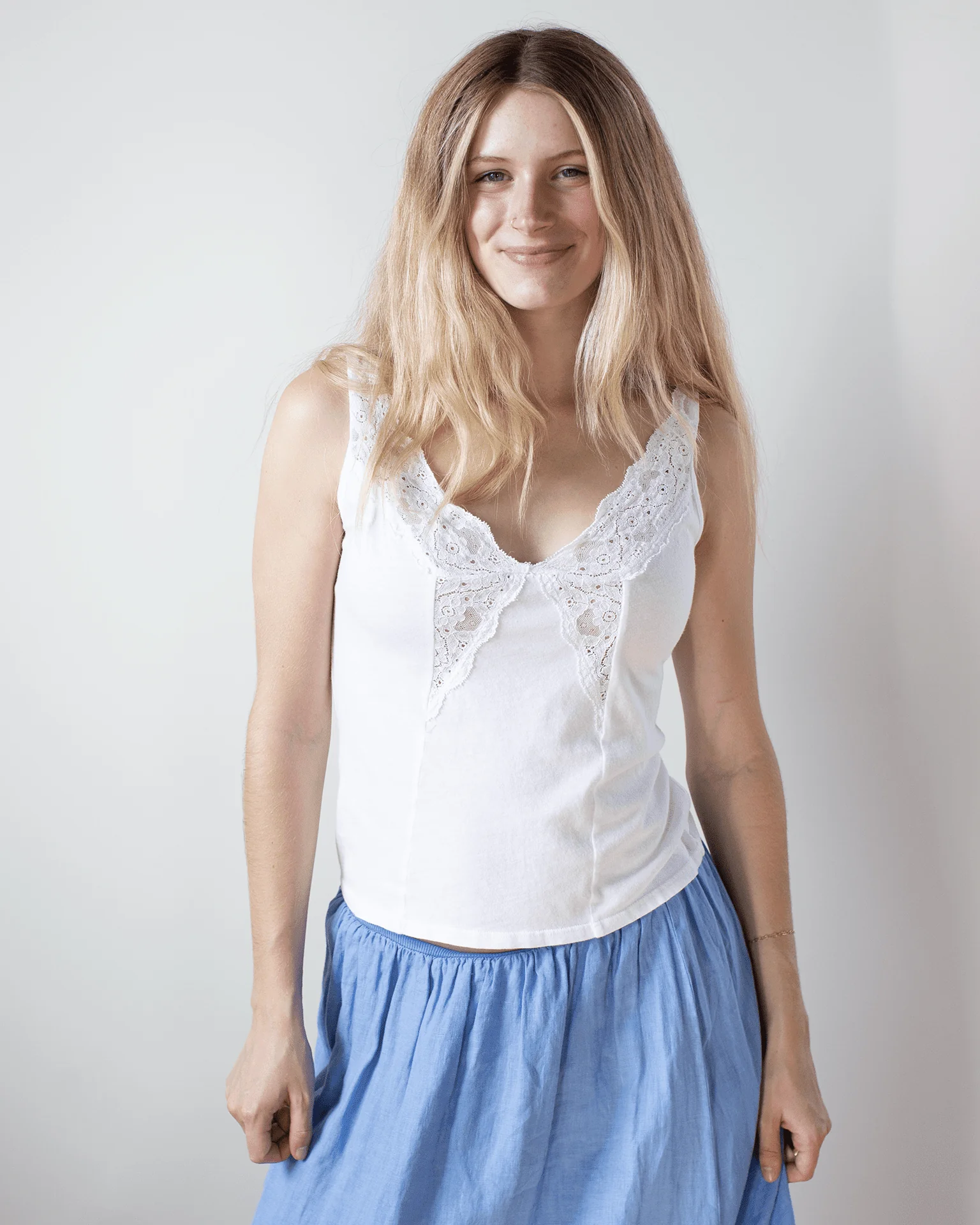 Hannah V Neck Lace Tank in White