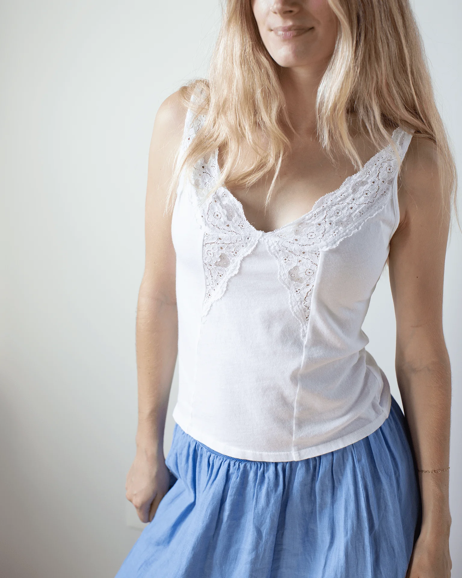 Hannah V Neck Lace Tank in White - Image 2