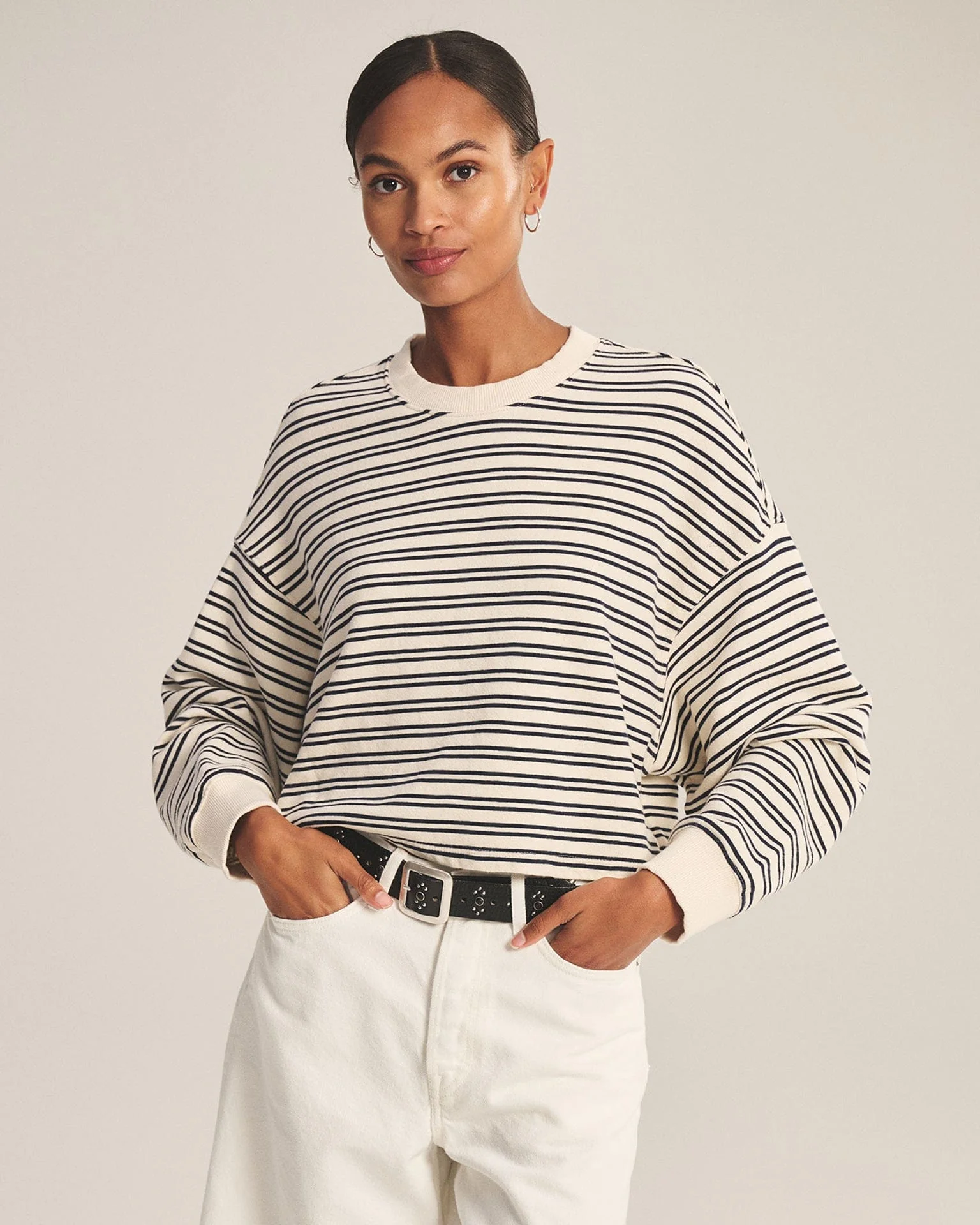 Isabelle Long Sleeve Crew Neck Top in Natural/Navy