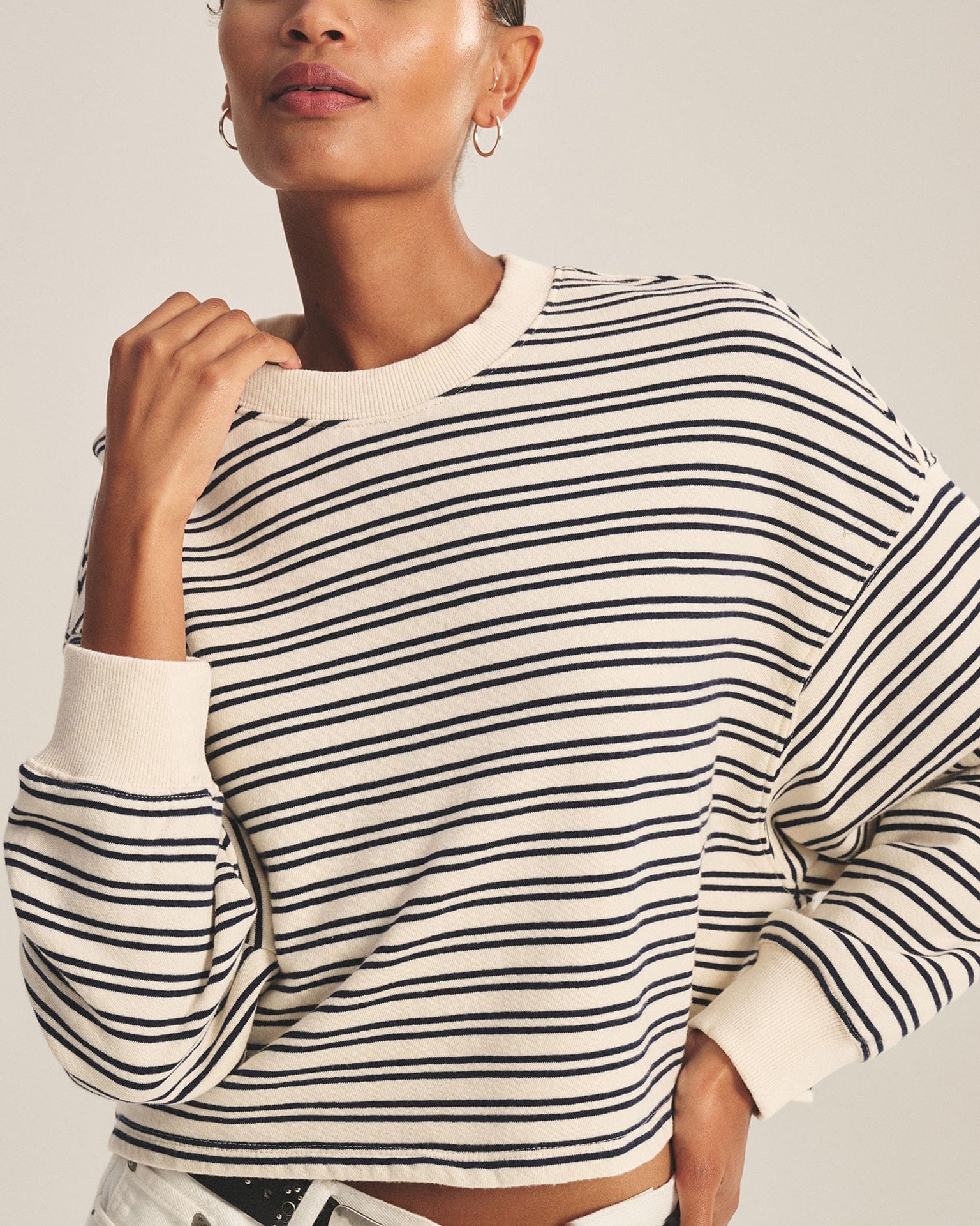 Isabelle Long Sleeve Crew Neck Top in Natural/Navy - Image 2
