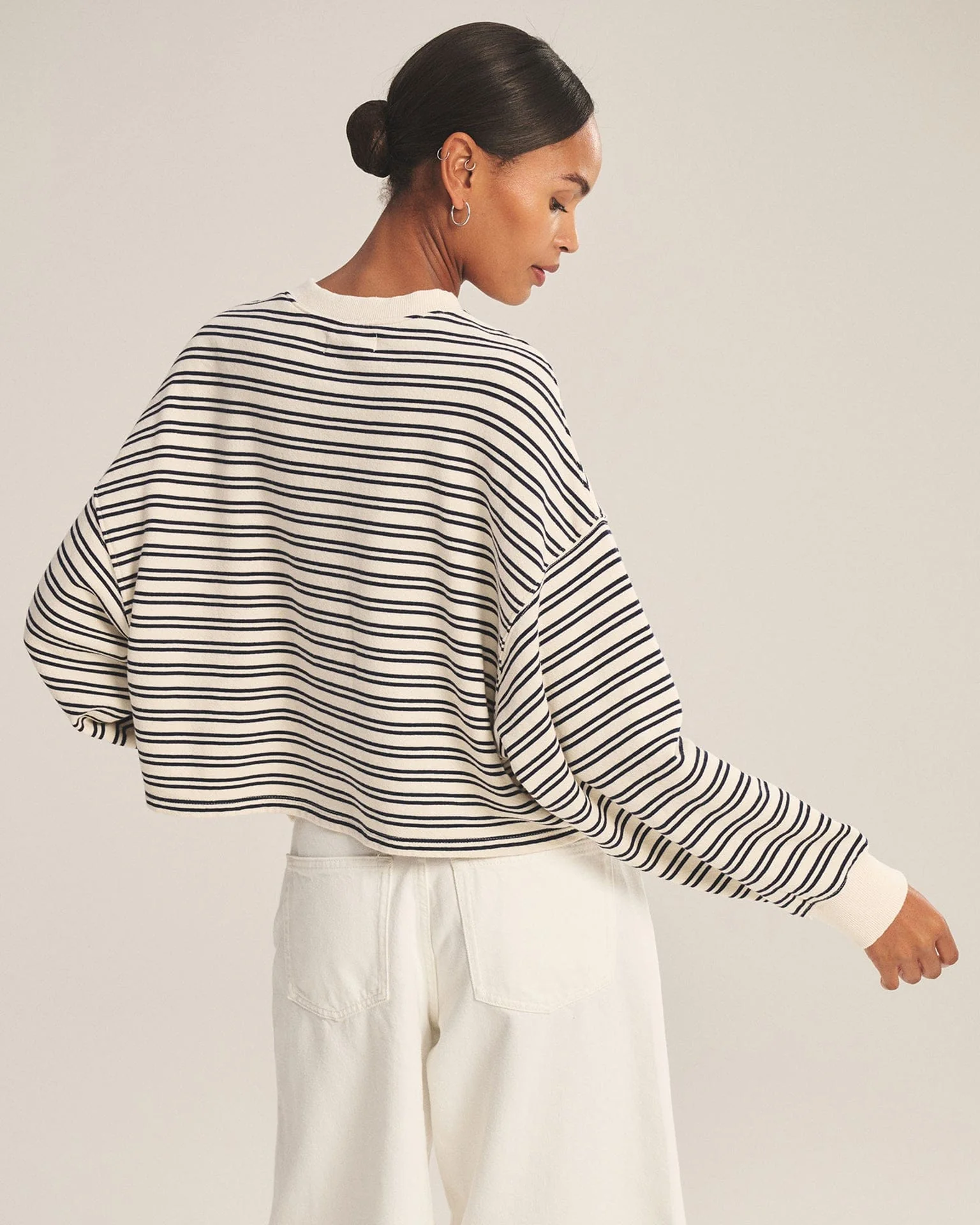 Isabelle Long Sleeve Crew Neck Top in Natural/Navy - Image 3