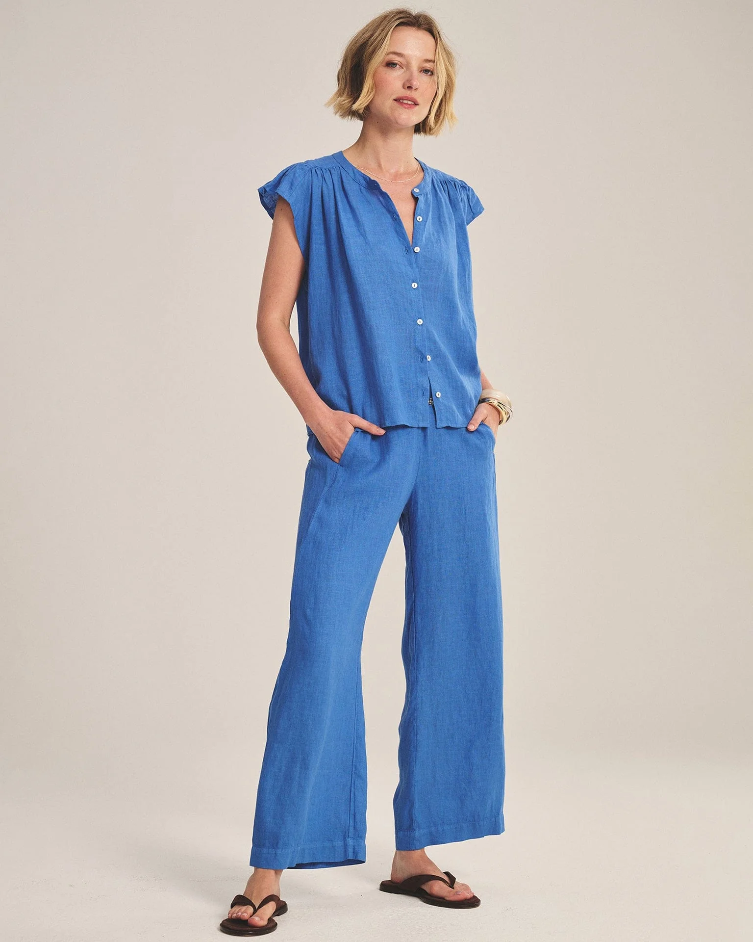 Janey Ruffle Short Sleeve Button Down in Bluejay - Image 2