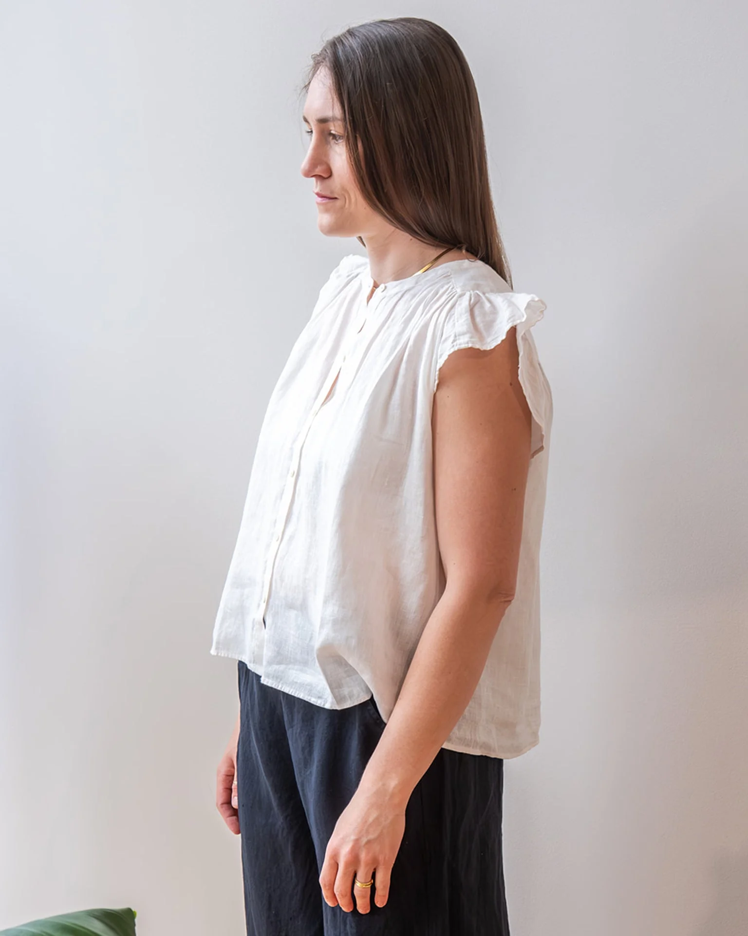 Janey Ruffle Short Sleeve Button Top in Chalk - Image 2