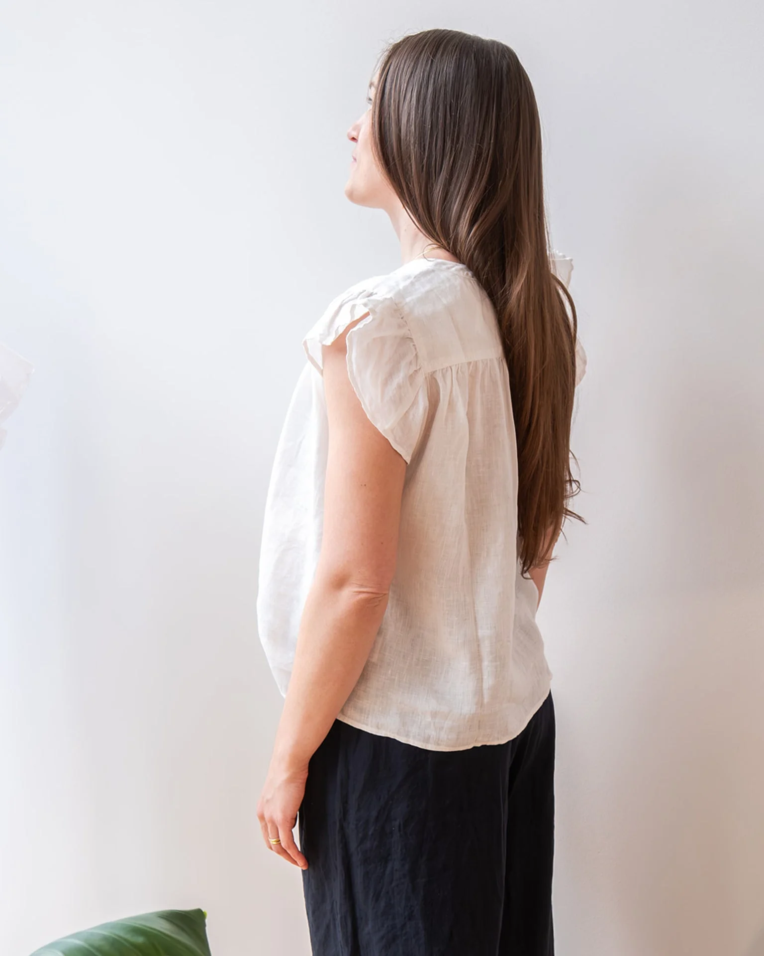 Janey Ruffle Short Sleeve Button Top in Chalk - Image 3