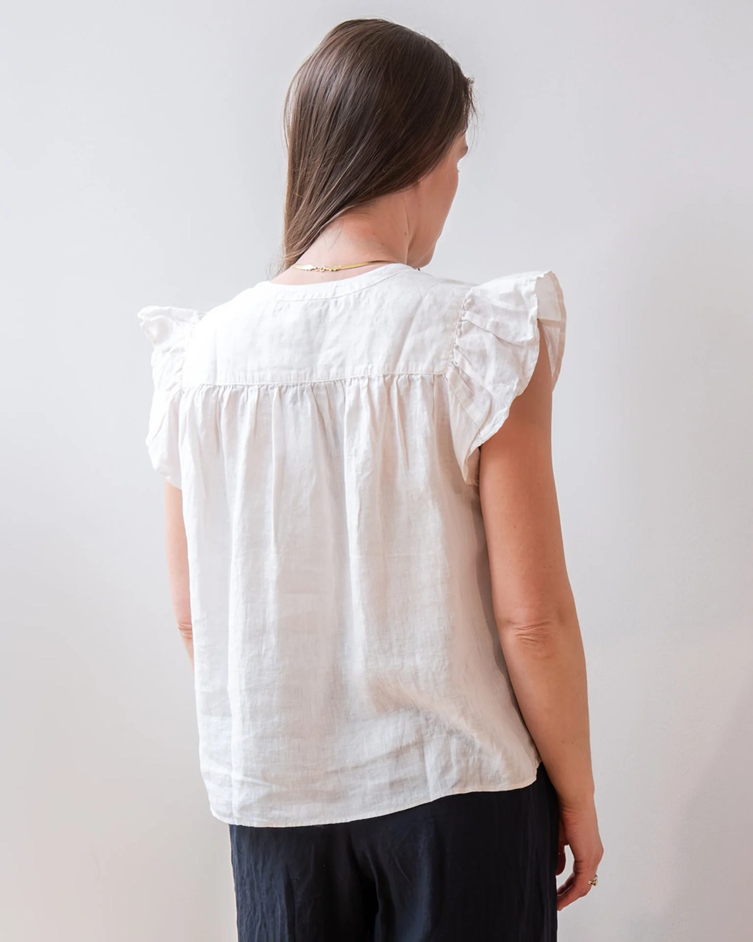 Janey Ruffle Short Sleeve Button Top in Chalk - Image 4