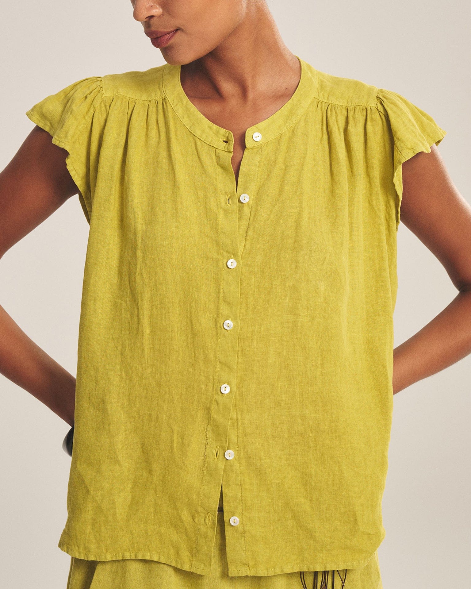 Janey Ruffle Short Sleeve Button Top in Citron - Image 2