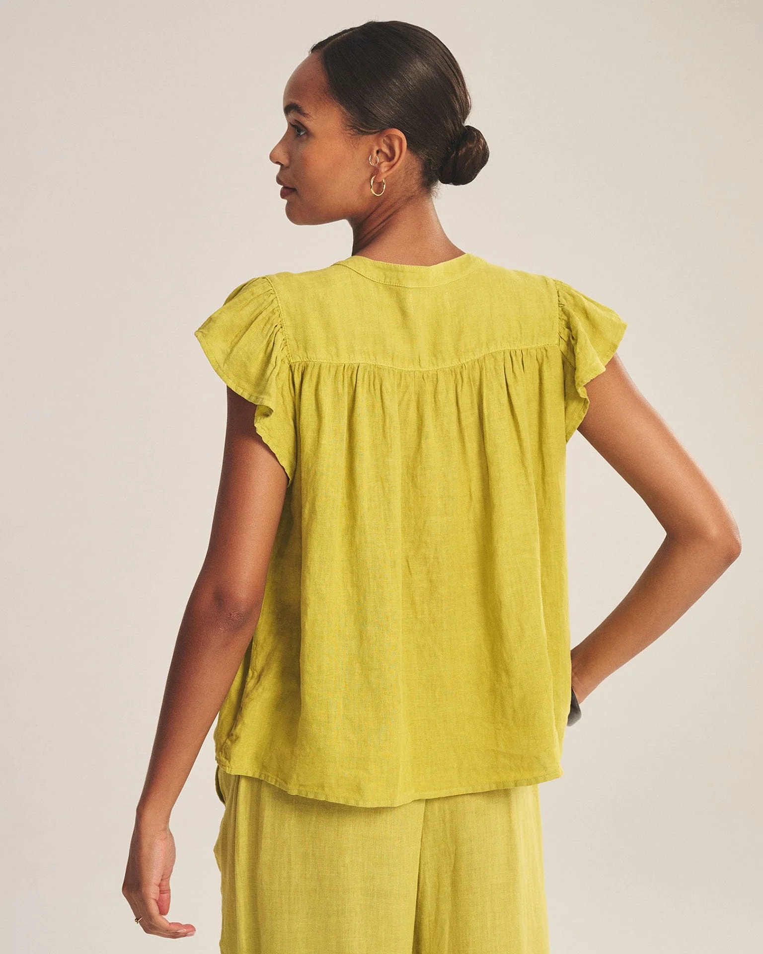 Janey Ruffle Short Sleeve Button Top in Citron - Image 3