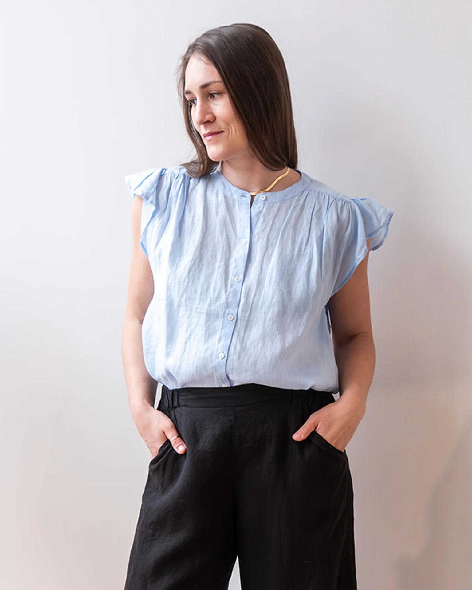 Janey Ruffle Short Sleeve Button Top in Sailboat