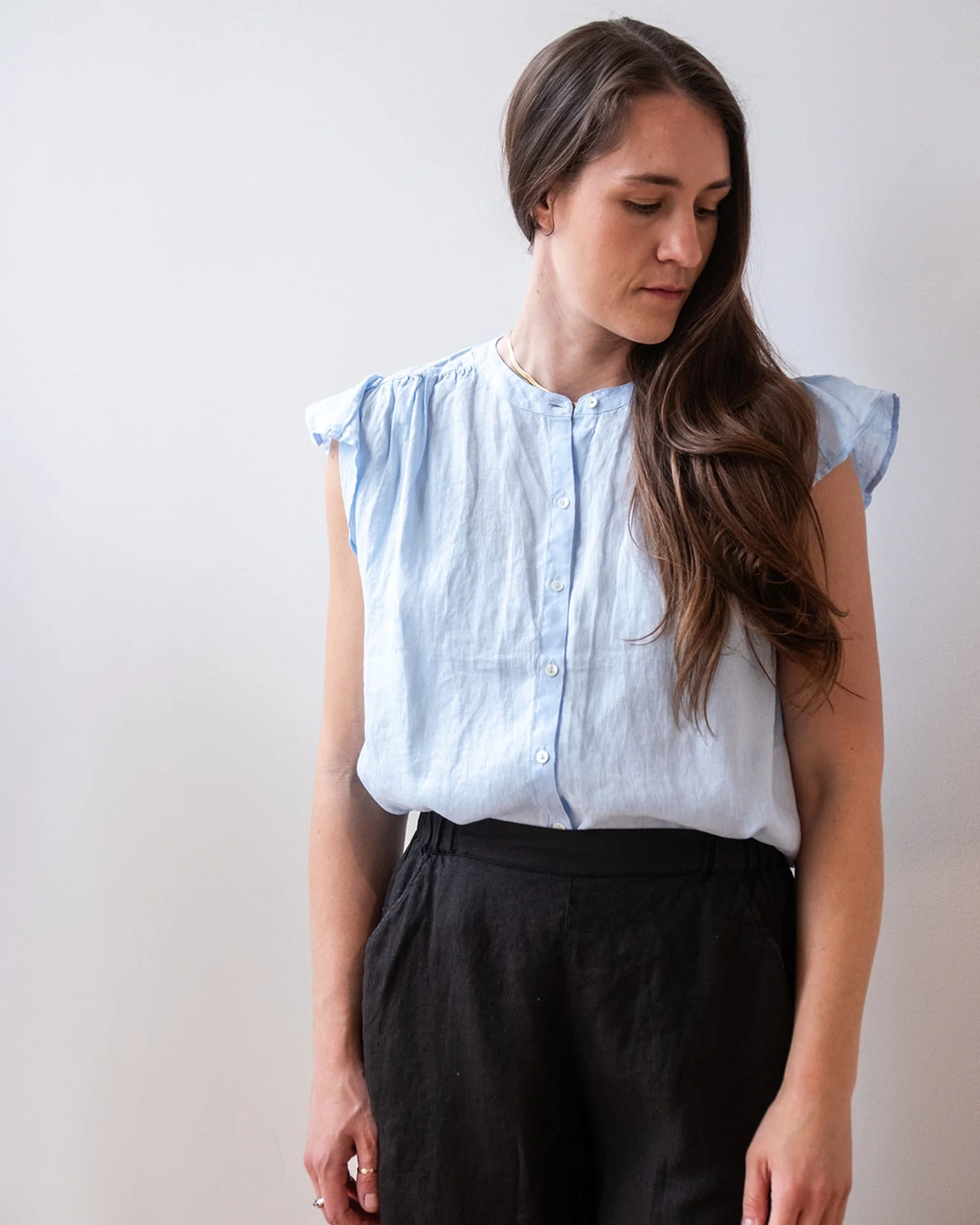 Janey Ruffle Short Sleeve Button Top in Sailboat - Image 2