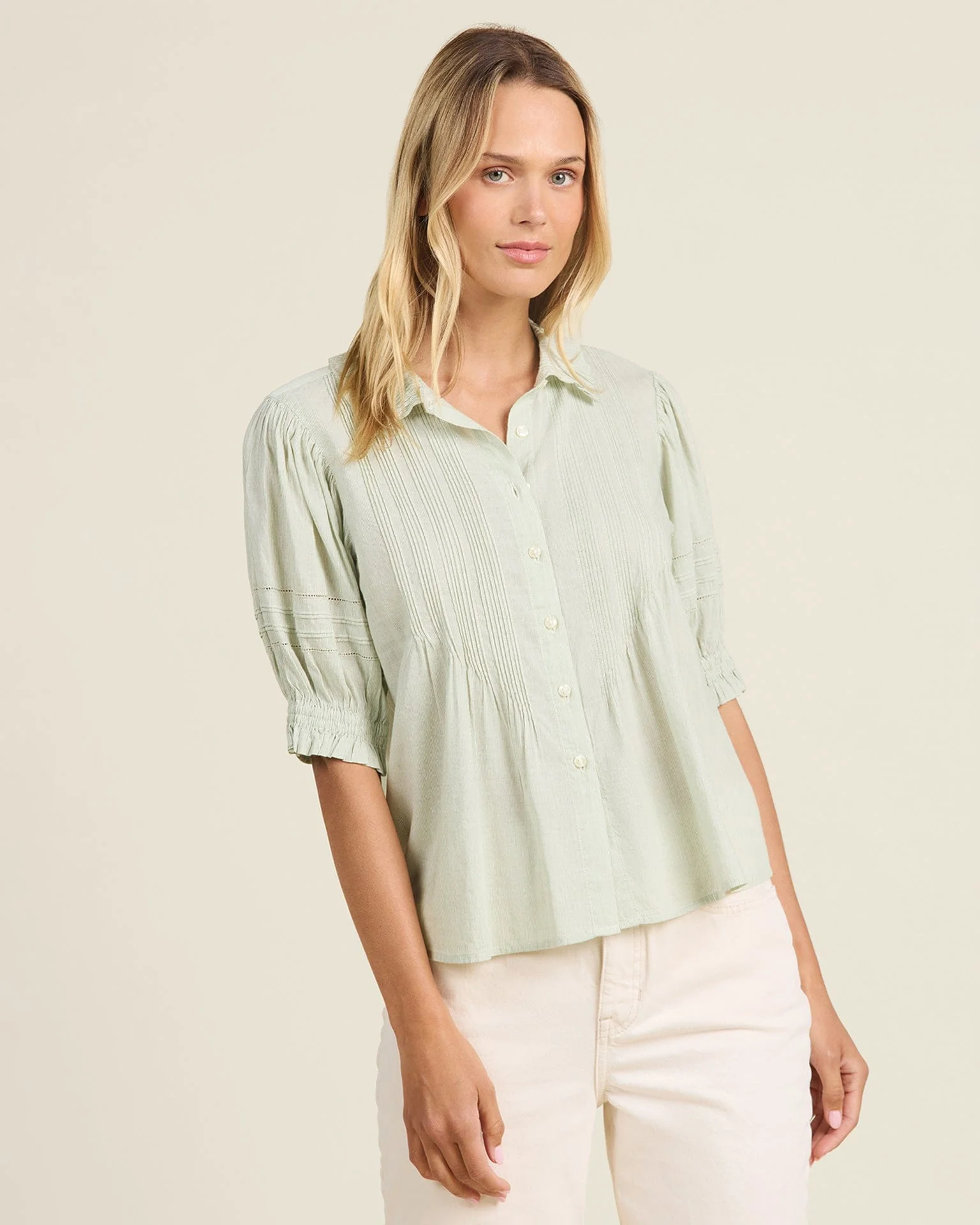 Jess Blouse Hushed Meadow in Verde Micro Stripe