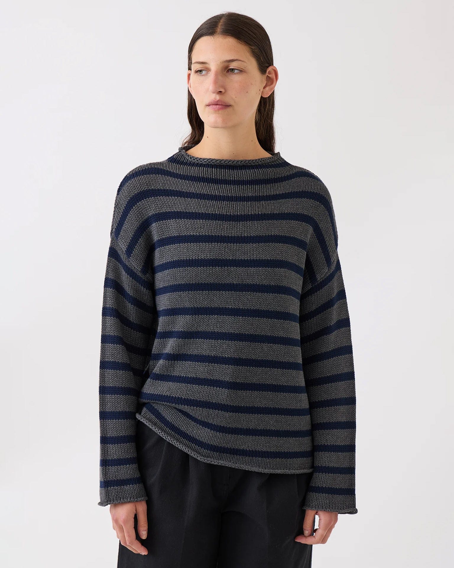 Lamis Stripe Cotton Sweater in Charcoal Heather / Navy