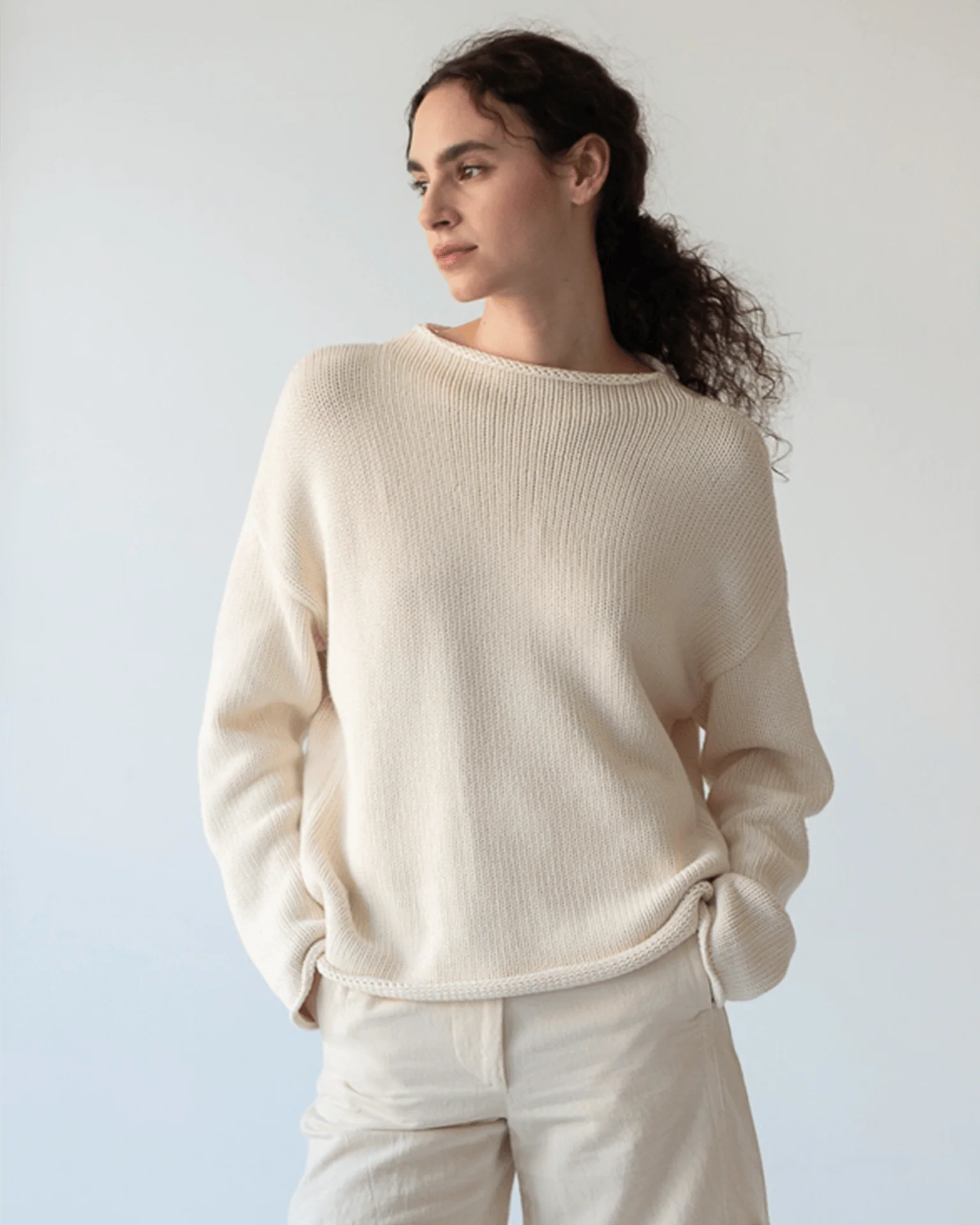 Lamis Washed Cotton Sweater in Off White
