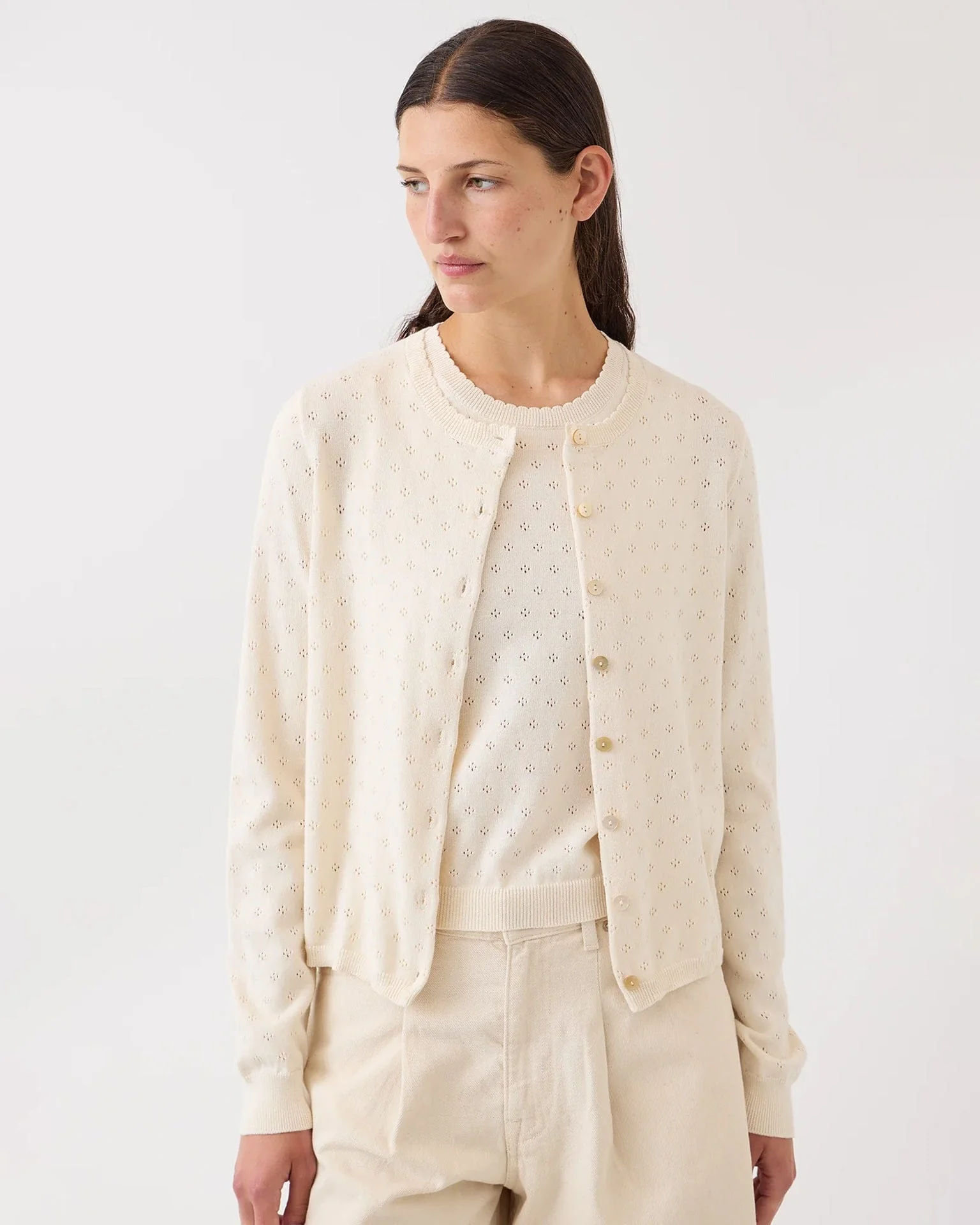 Linda Pointelle Cotton Cardigan in Off White