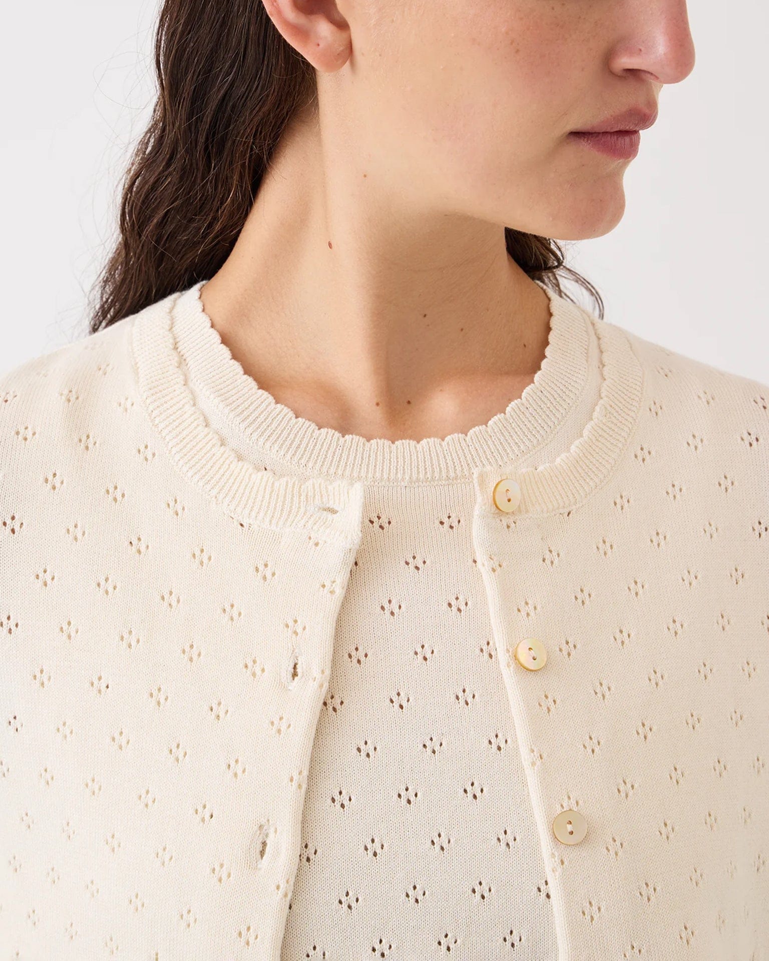 Linda Pointelle Cotton Cardigan in Off White - Image 2