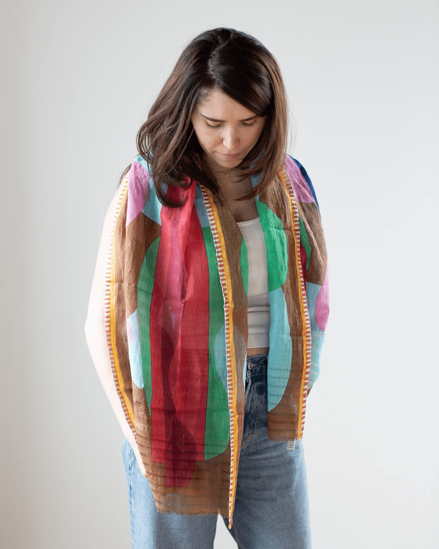 Linen/Cttn Lrg Squiggle Scarf in Pecan