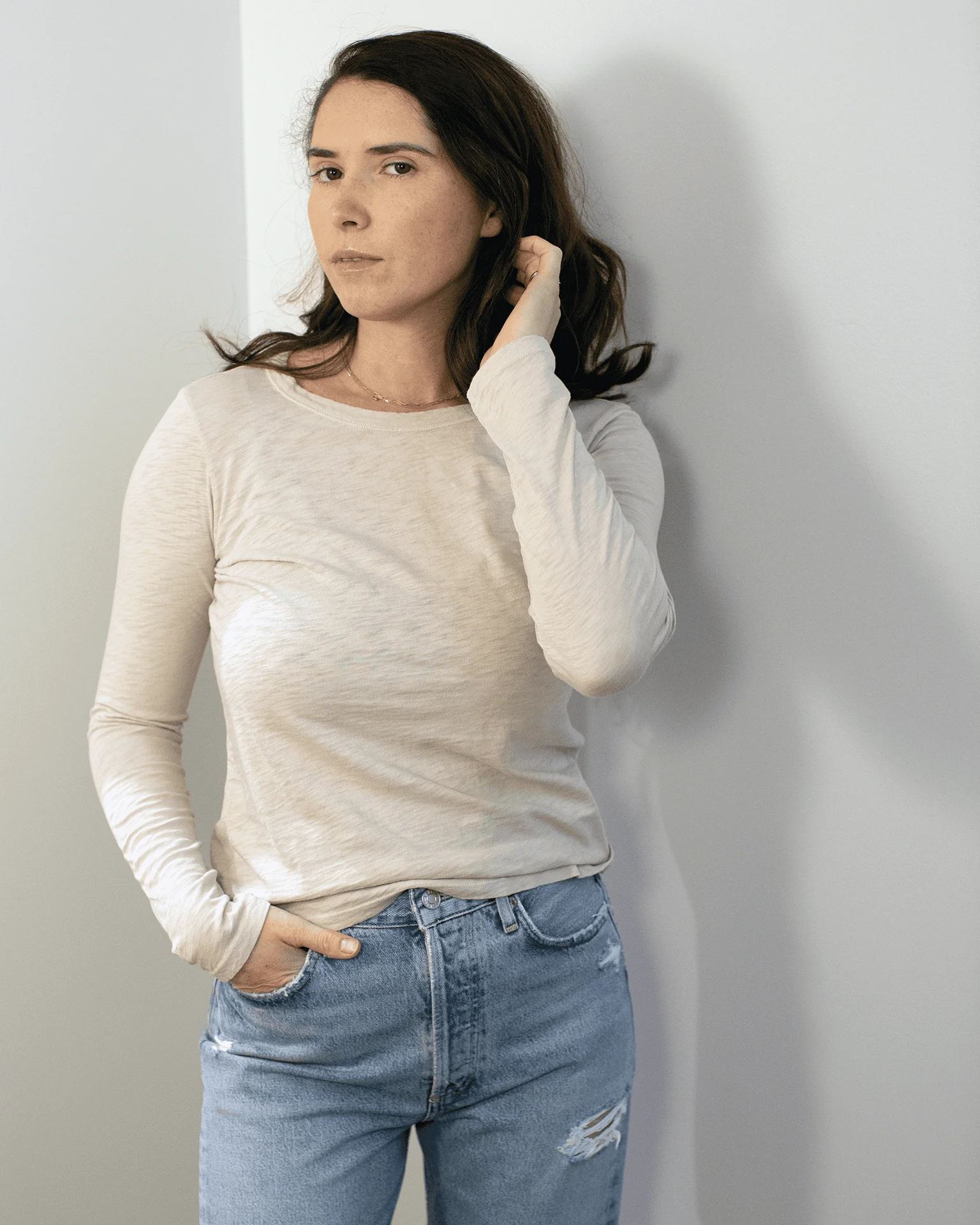 Lizzie Long Sleeve Crew Neck Top in Sesame - Image 2
