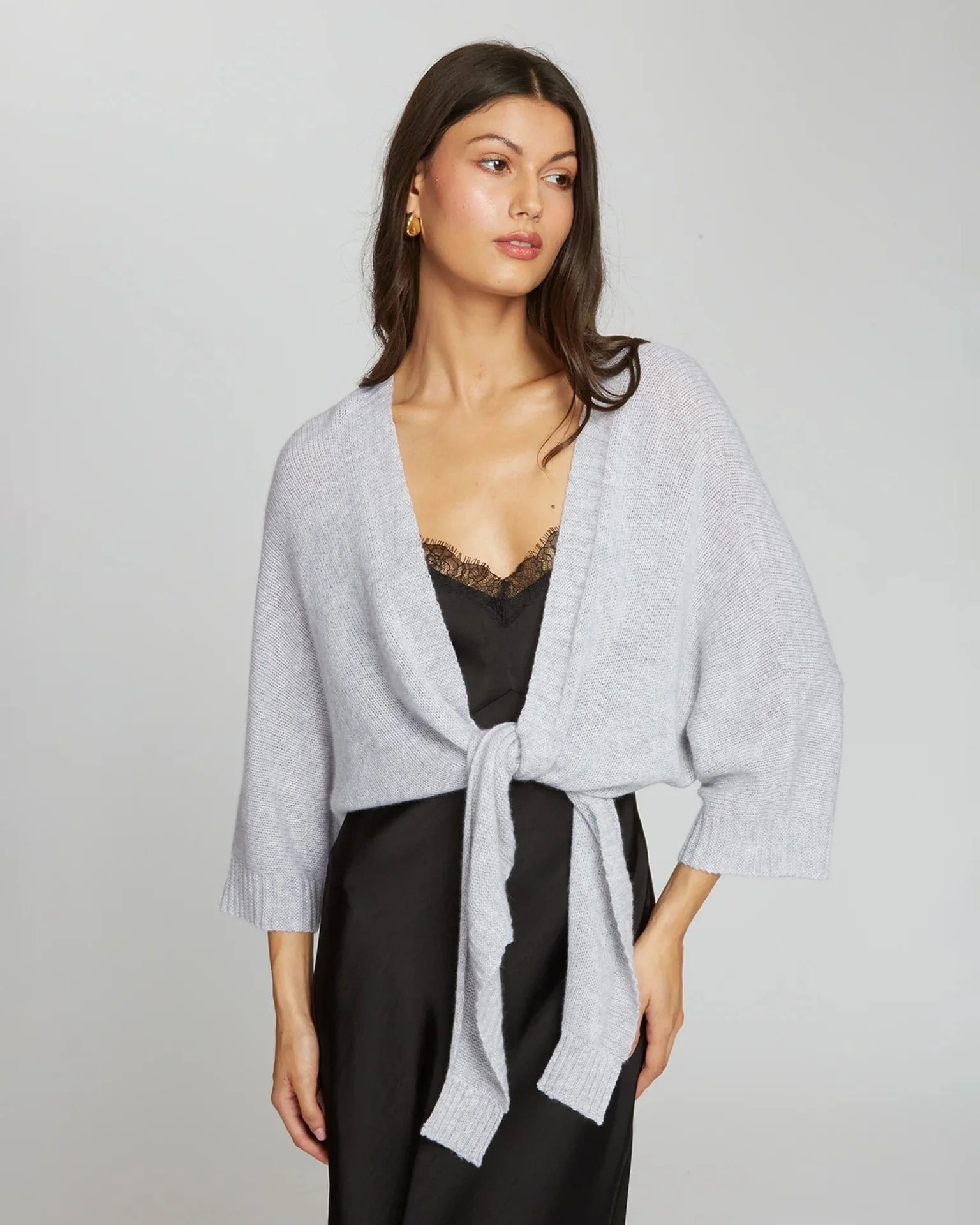 Loose Gauge Dolman Tie Front Sweater in Cinderblock