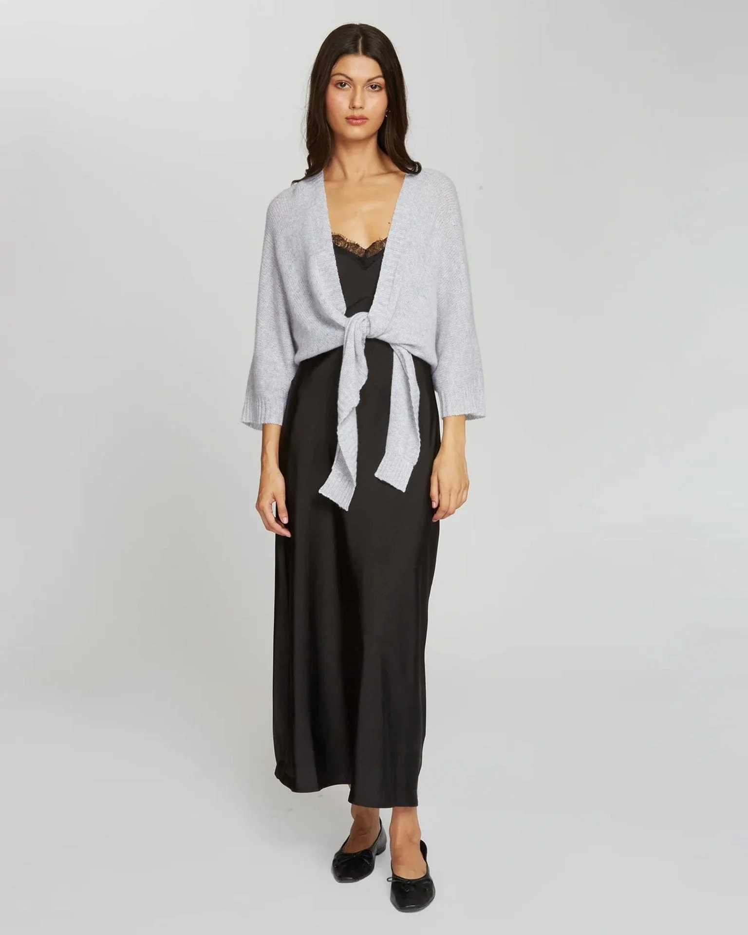 Loose Gauge Dolman Tie Front Sweater in Cinderblock - Image 2