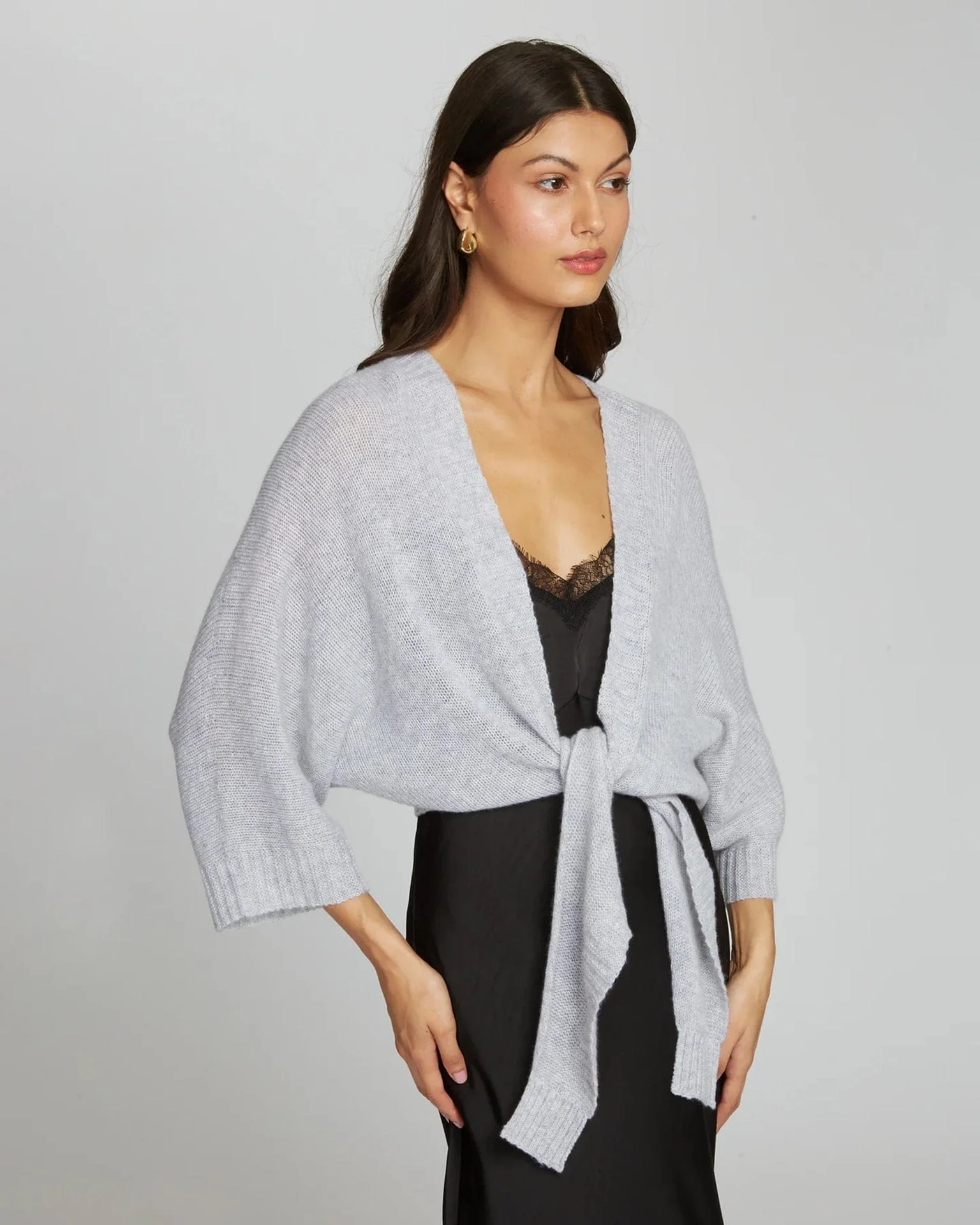 Loose Gauge Dolman Tie Front Sweater in Cinderblock - Image 3