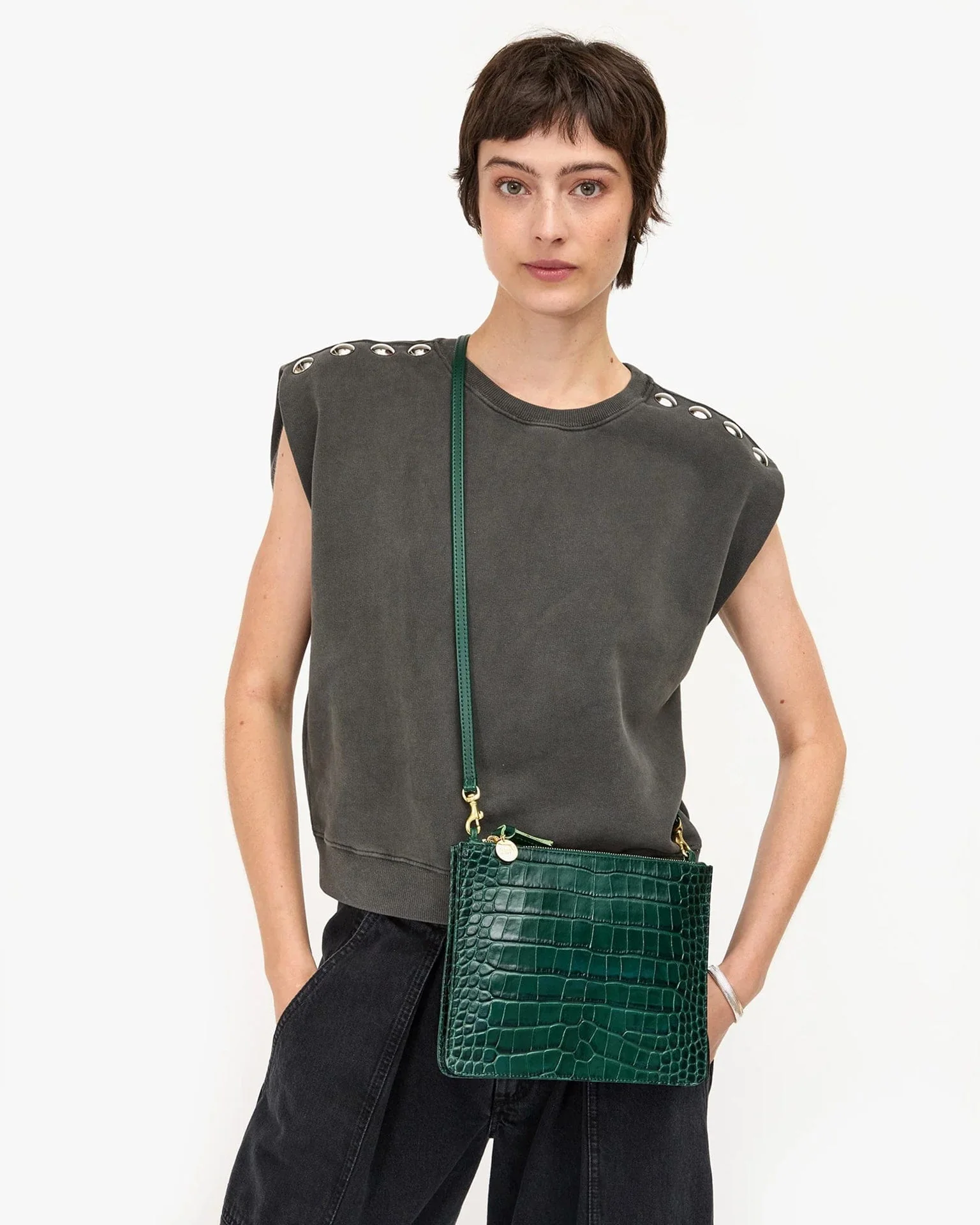 Margot Double Sac Bretelle - Autumn Croco in Deep Pine - Image 2