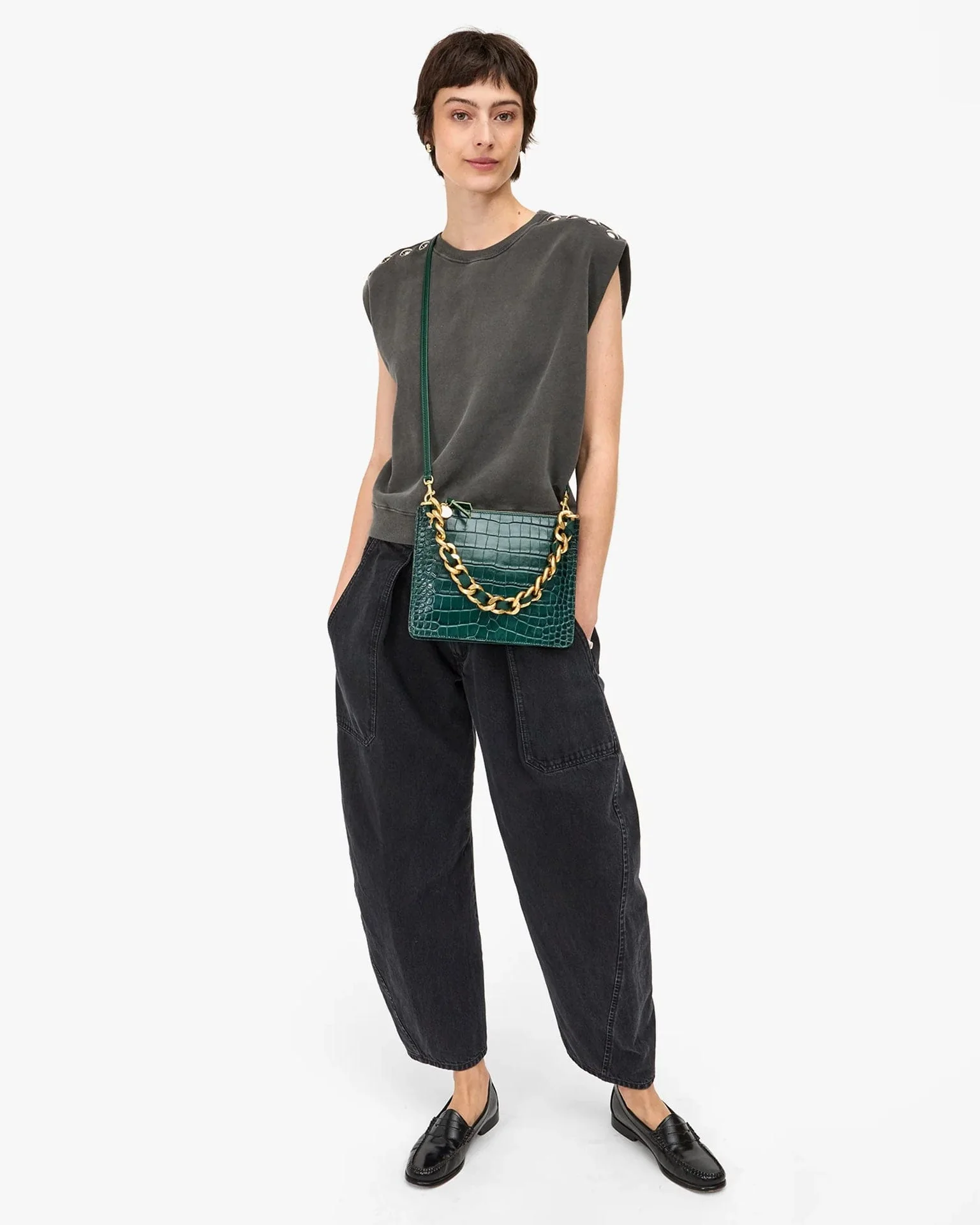 Margot Double Sac Bretelle - Autumn Croco in Deep Pine - Image 3
